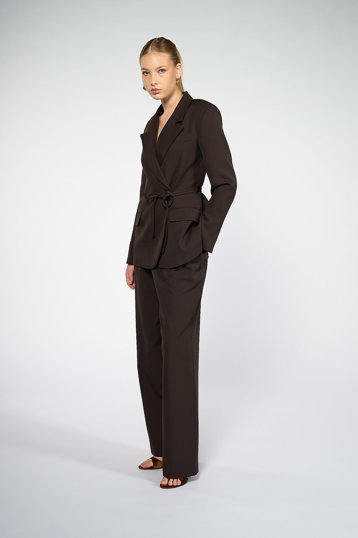 Kadın Acı Kahve Bağcıklı Asimetrik Blazer Ceket