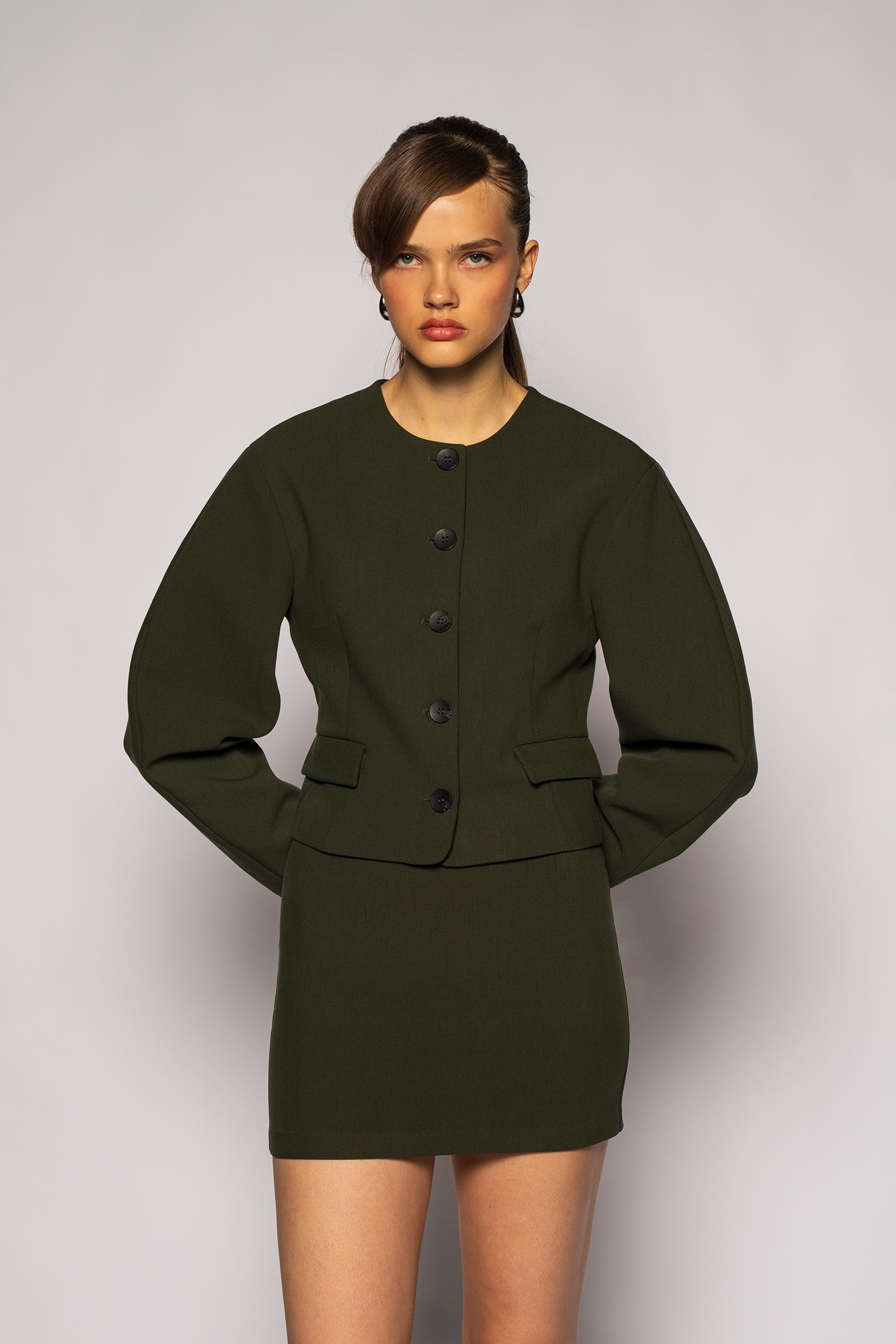Kadın Açık Haki Balon Kol Crop Blazer