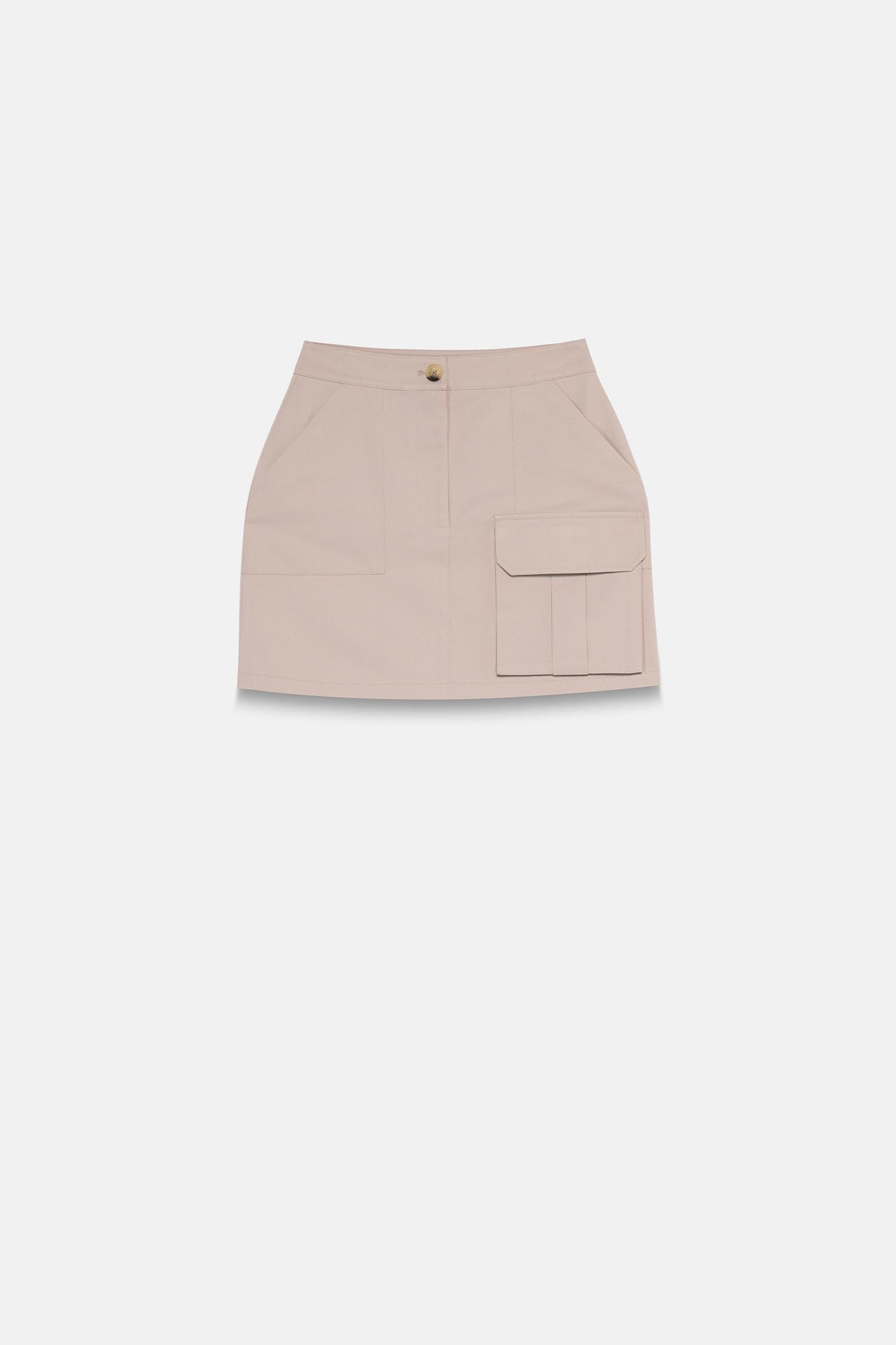Kadın Bej Cepli Gabardin Mini Etek