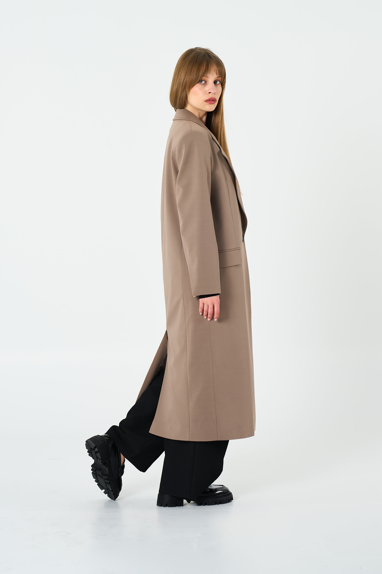 Kadın Bej Oversize Uzun Ceket