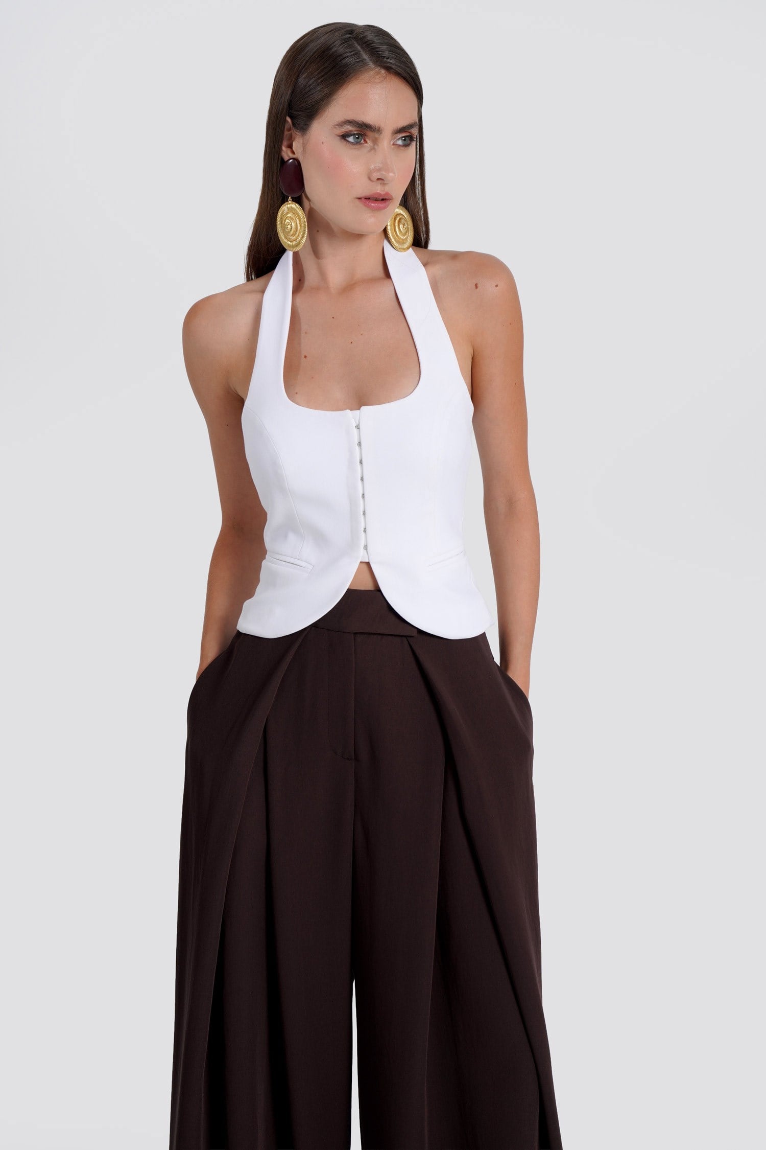 Kadın Beyaz Halter Yaka Crop Yelek