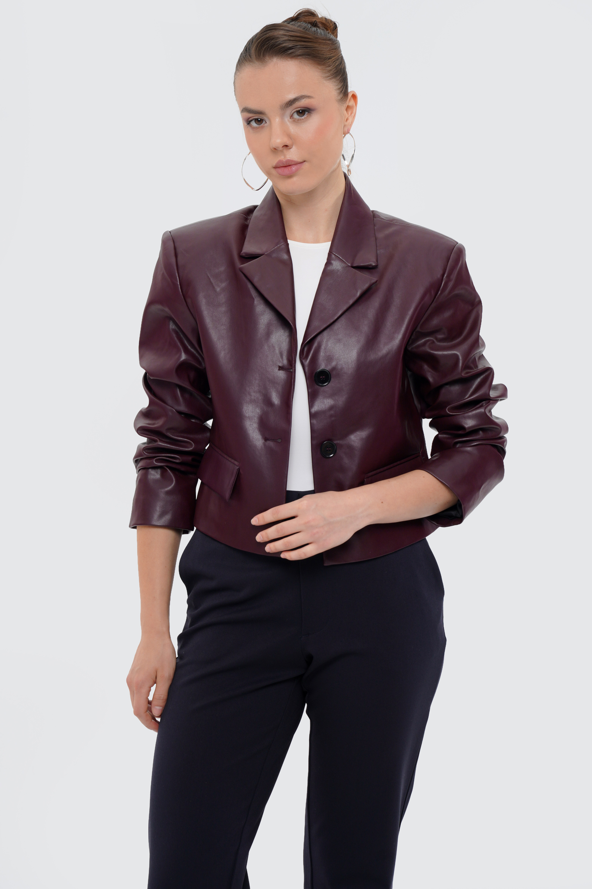 Kadın Bordo Crop Deri Blazer Ceket