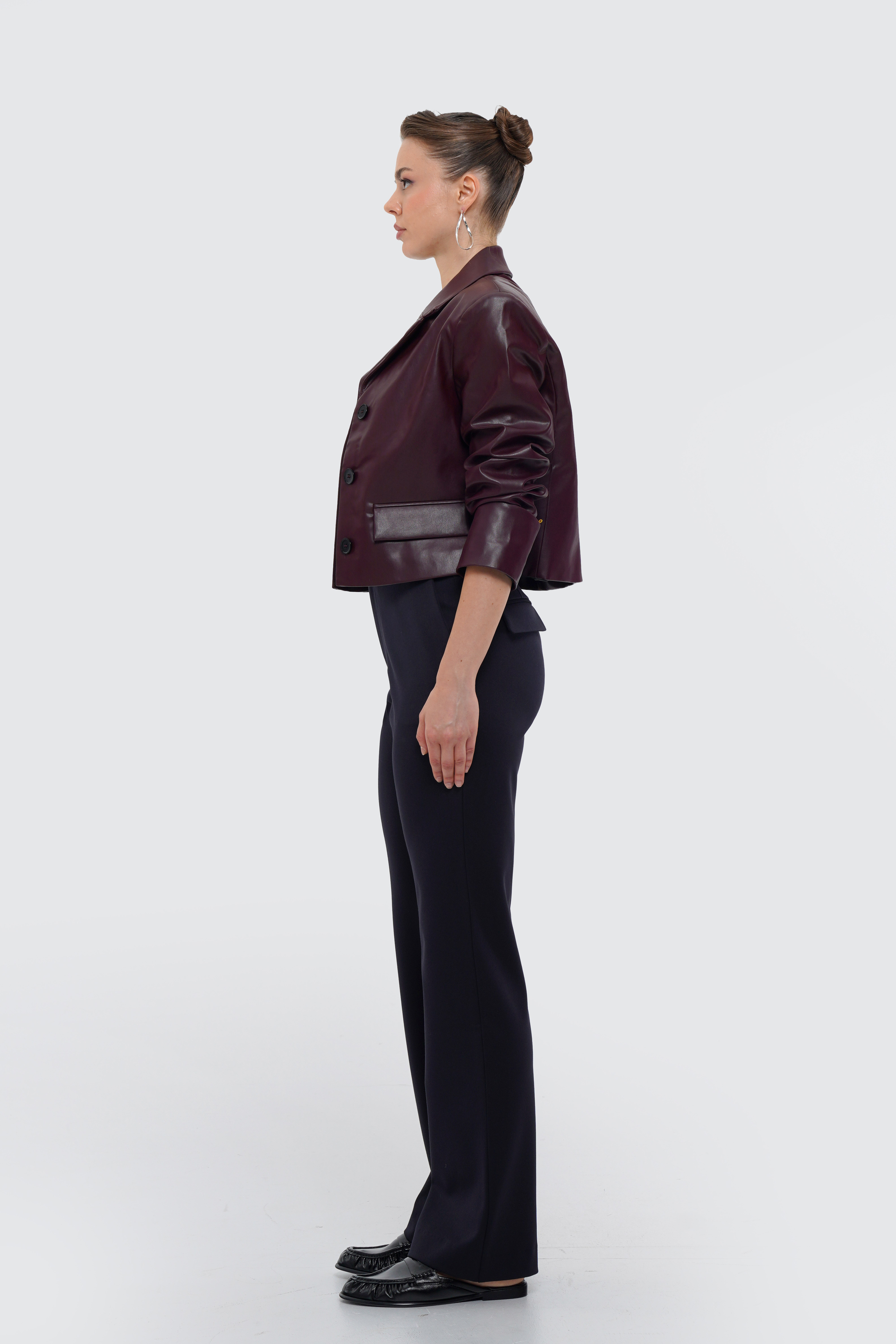 Kadın Bordo Crop Deri Blazer Ceket