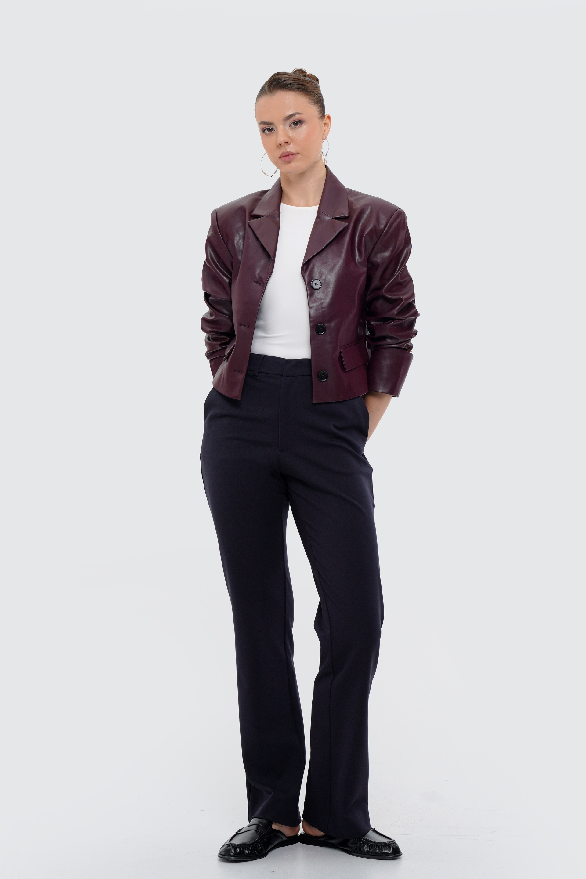 Kadın Bordo Crop Deri Blazer Ceket