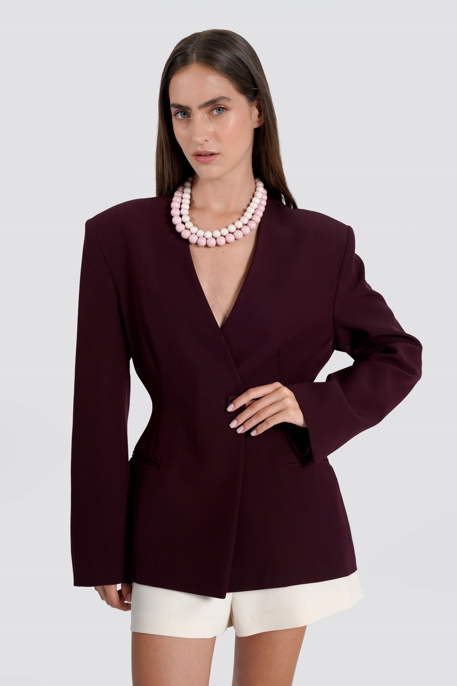 Kadın Bordo Yakasız Blazer