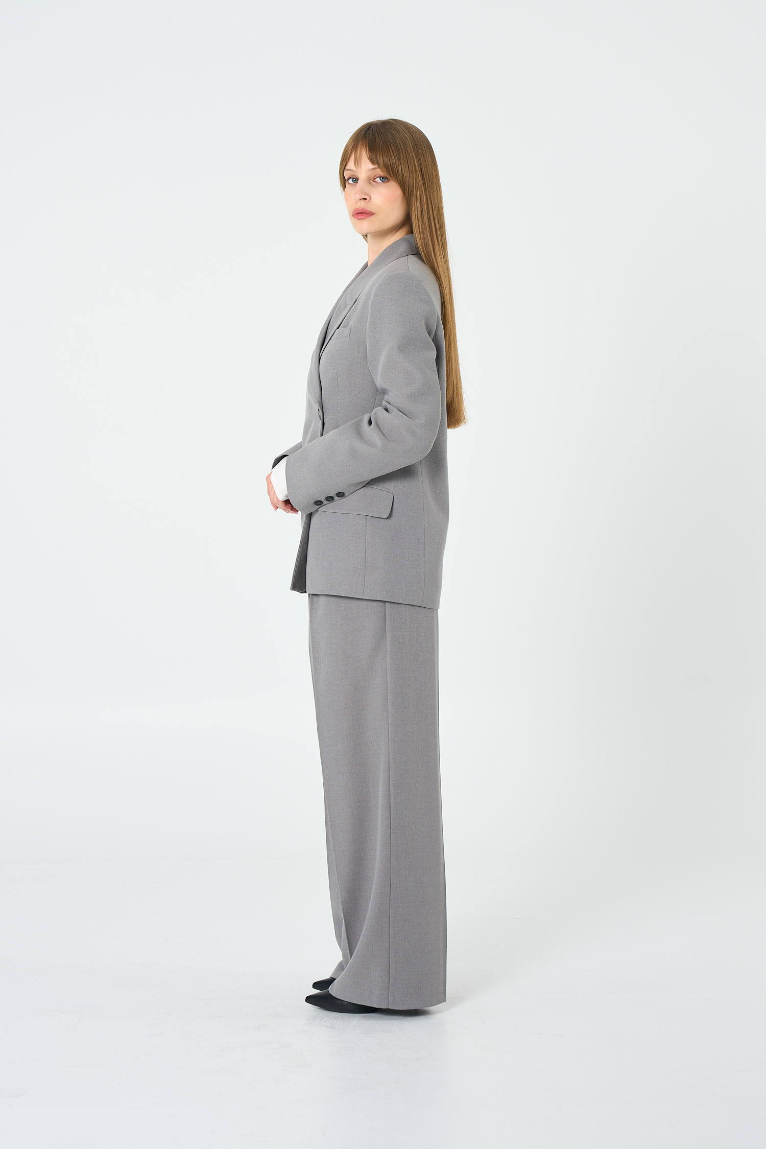 Kadın Gri Asimetrik Kruvaze Blazer