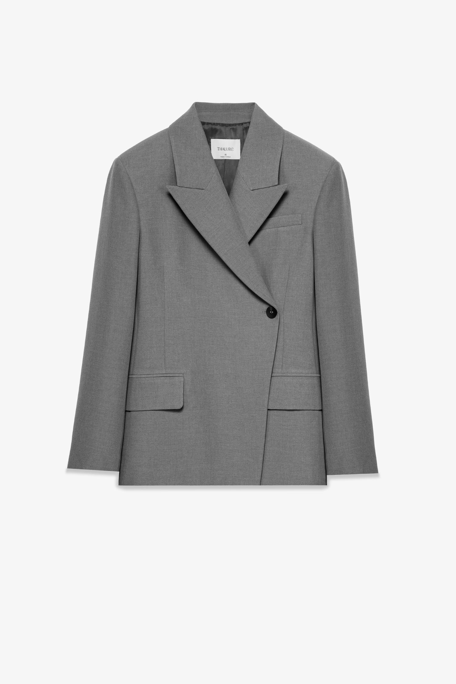 Kadın Gri Asimetrik Kruvaze Blazer