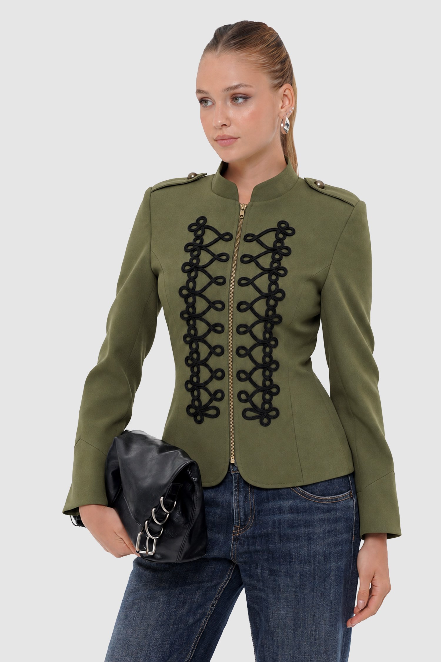 Kadın Haki Süslü Fit Blazer