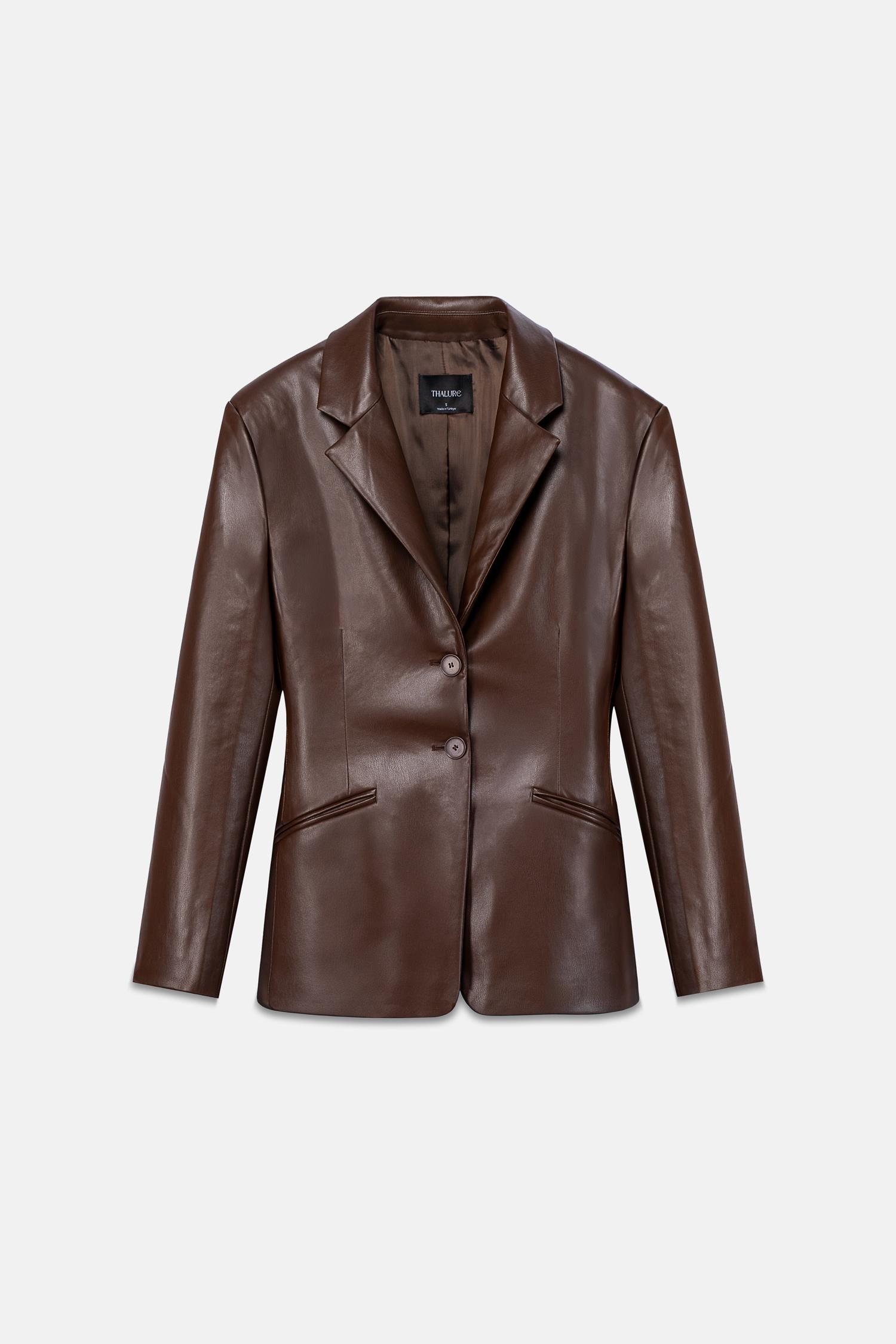 Kadın Kahverengi Bele Oturan Deri Blazer Ceket