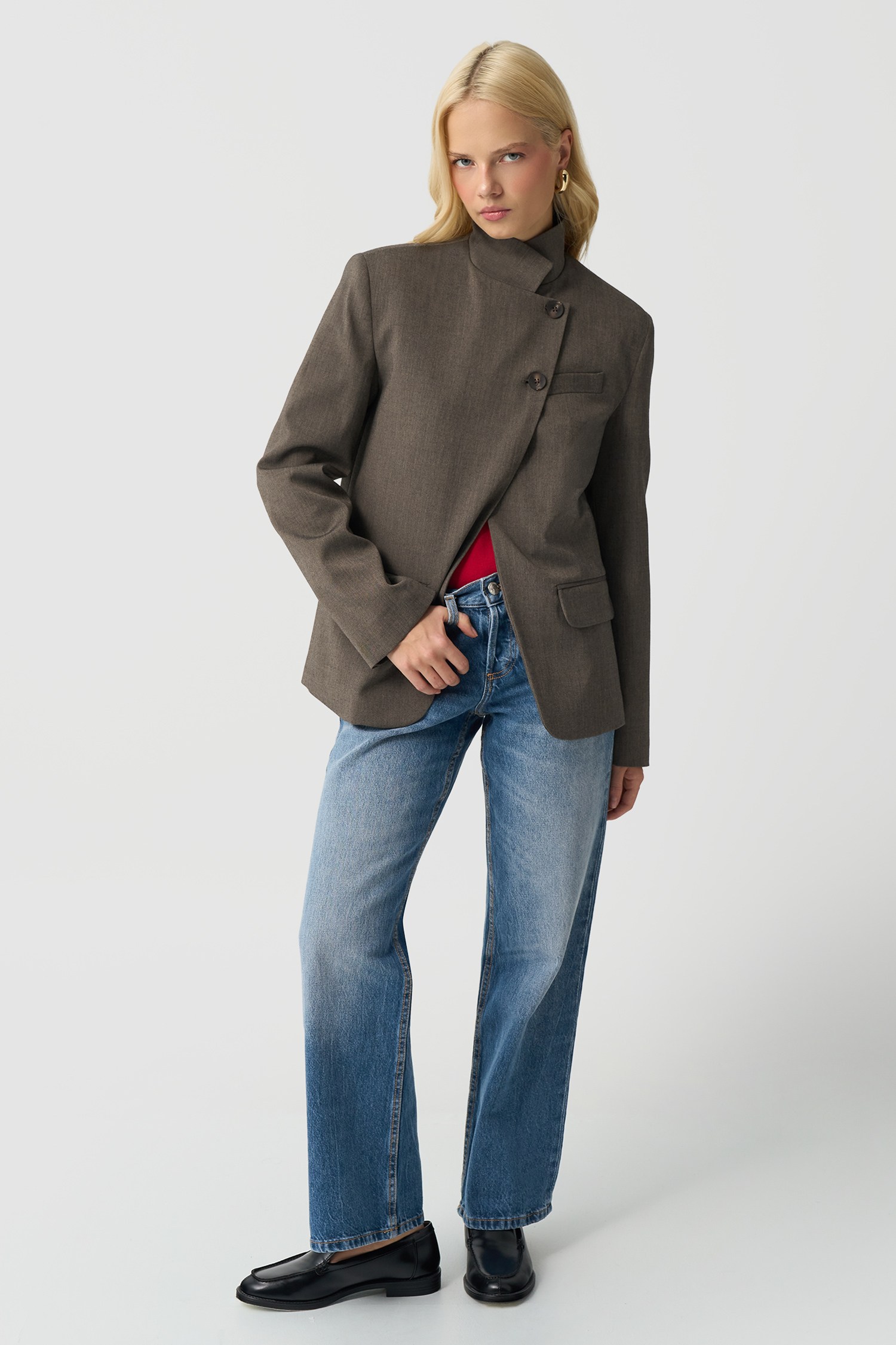 Kadın Kahverengi Dik Yaka Düğmeli Oversize Blazer