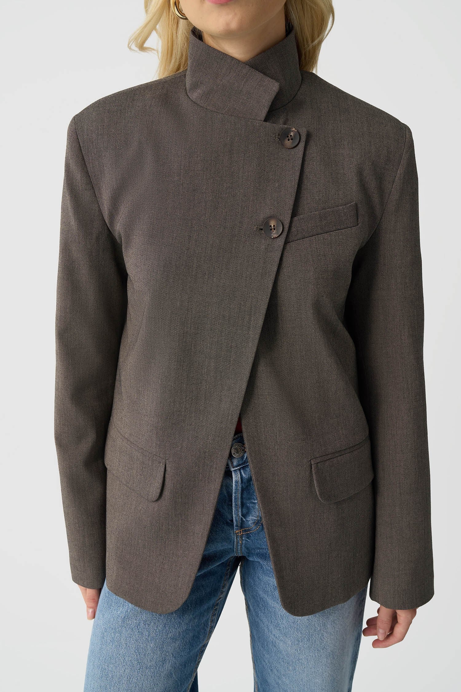 Kadın Kahverengi Dik Yaka Düğmeli Oversize Blazer