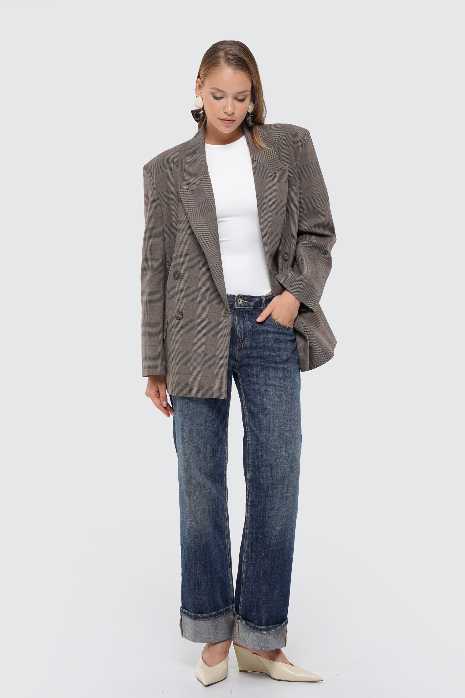 Kadın Kahverengi Ekoseli Oversize Blazer
