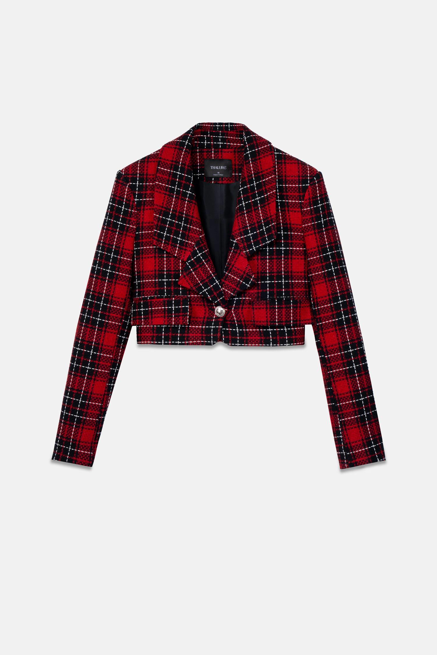 Kadın Kırmızı Ekoseli Crop Blazer