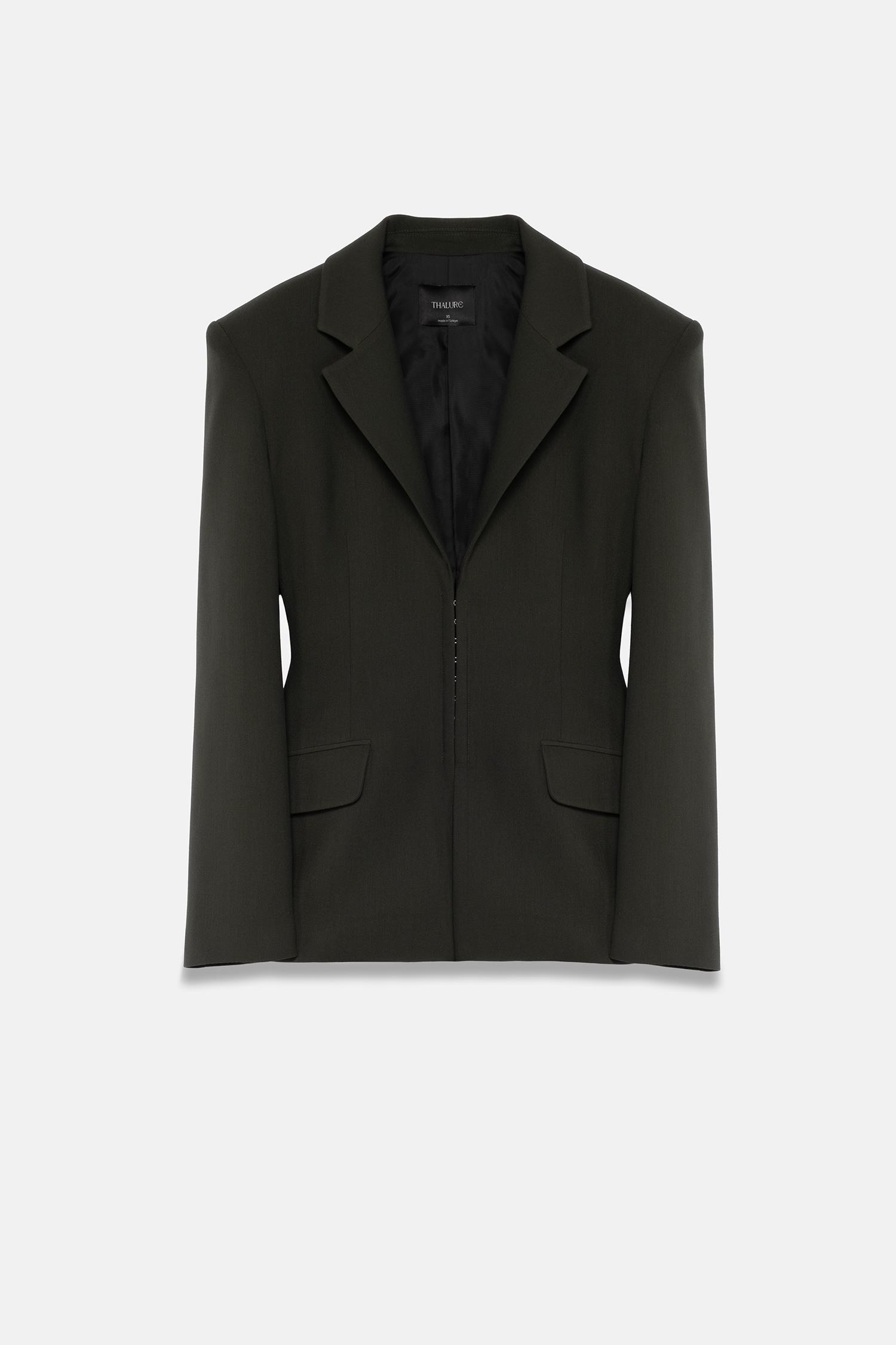 Kadın Koyu Haki Agraflı Bele Oturan Blazer