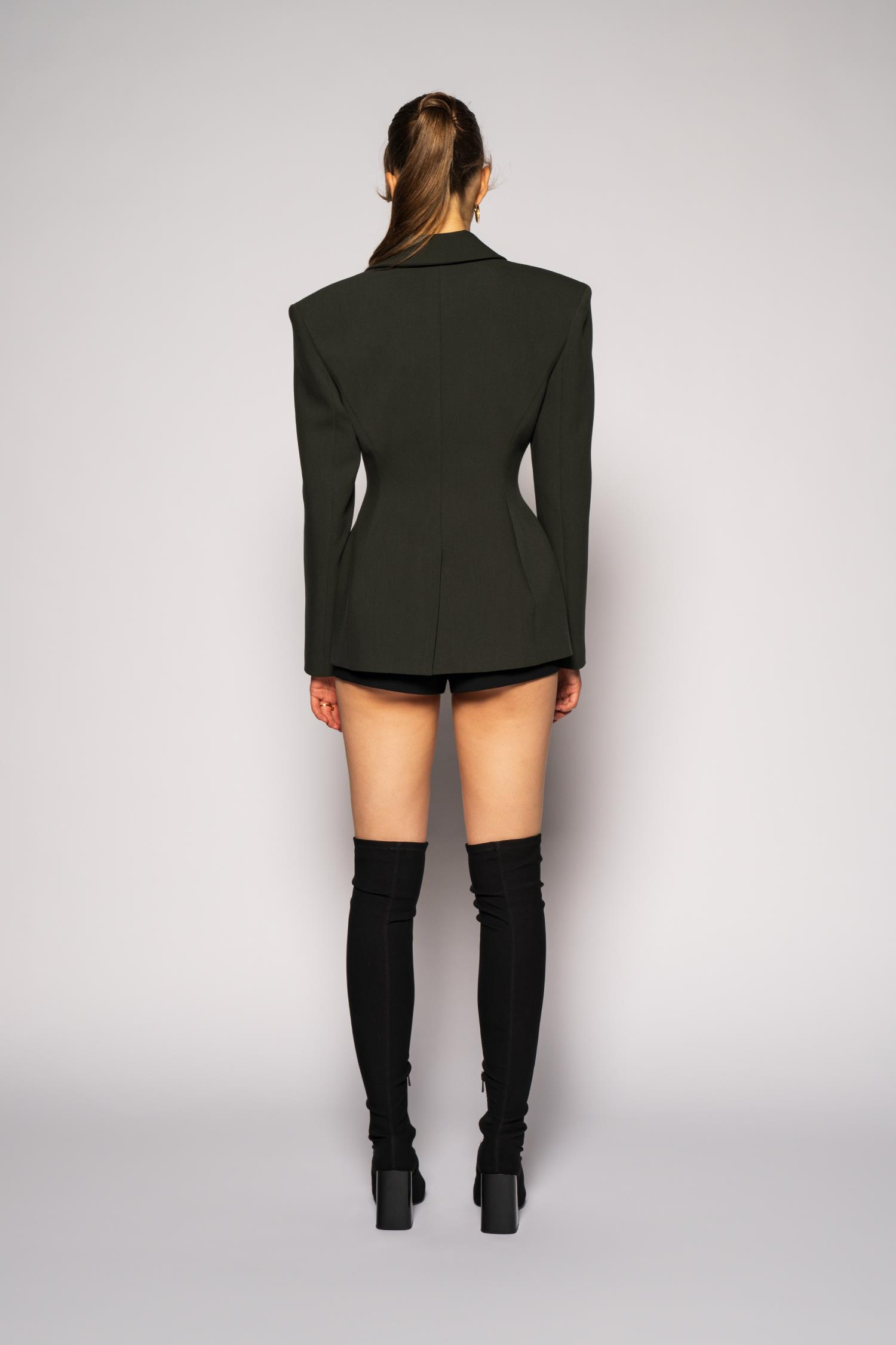 Kadın Koyu Haki Agraflı Bele Oturan Blazer