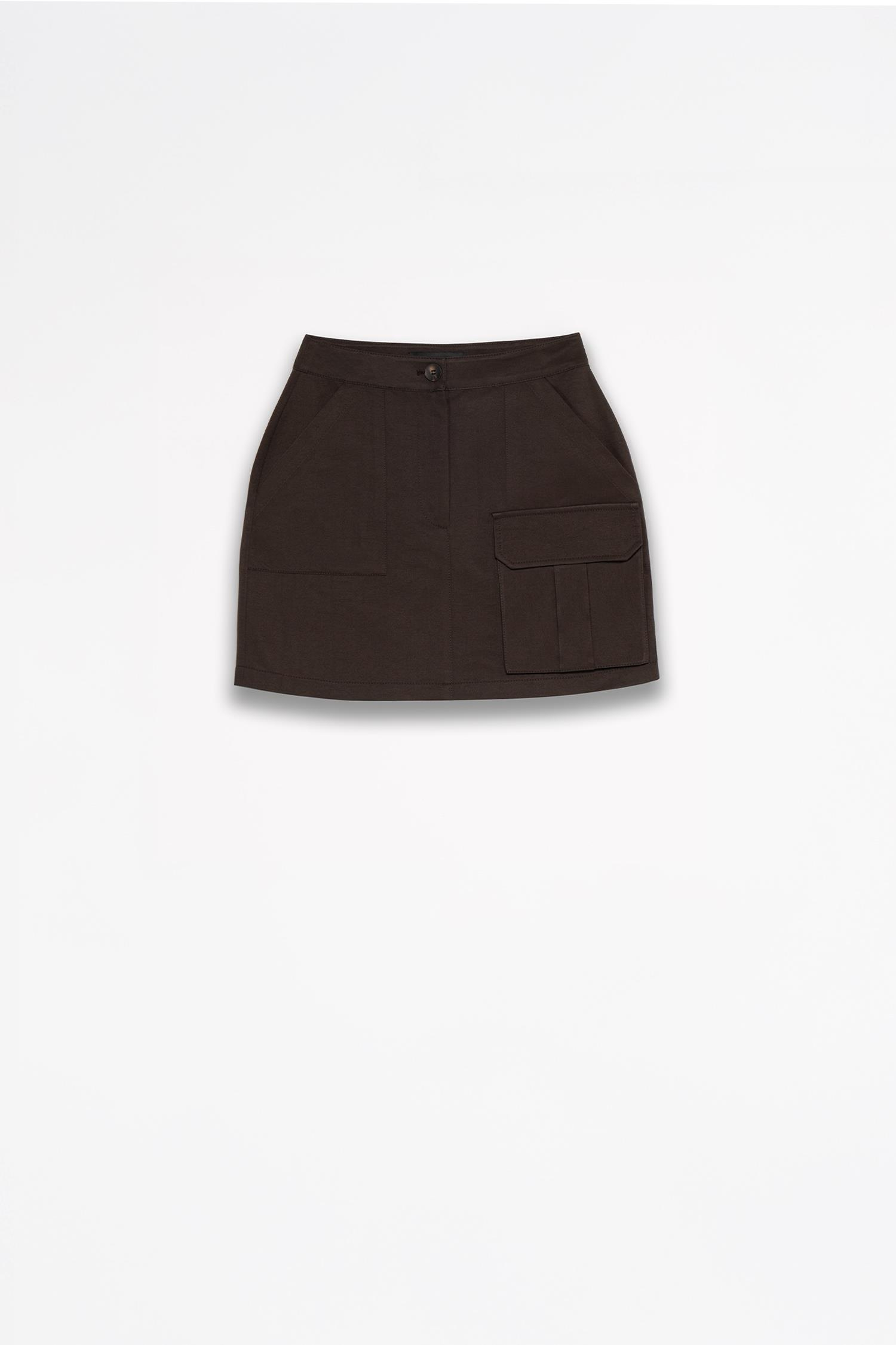 Kadın Koyu Kahve Cepli Gabardin Mini Etek