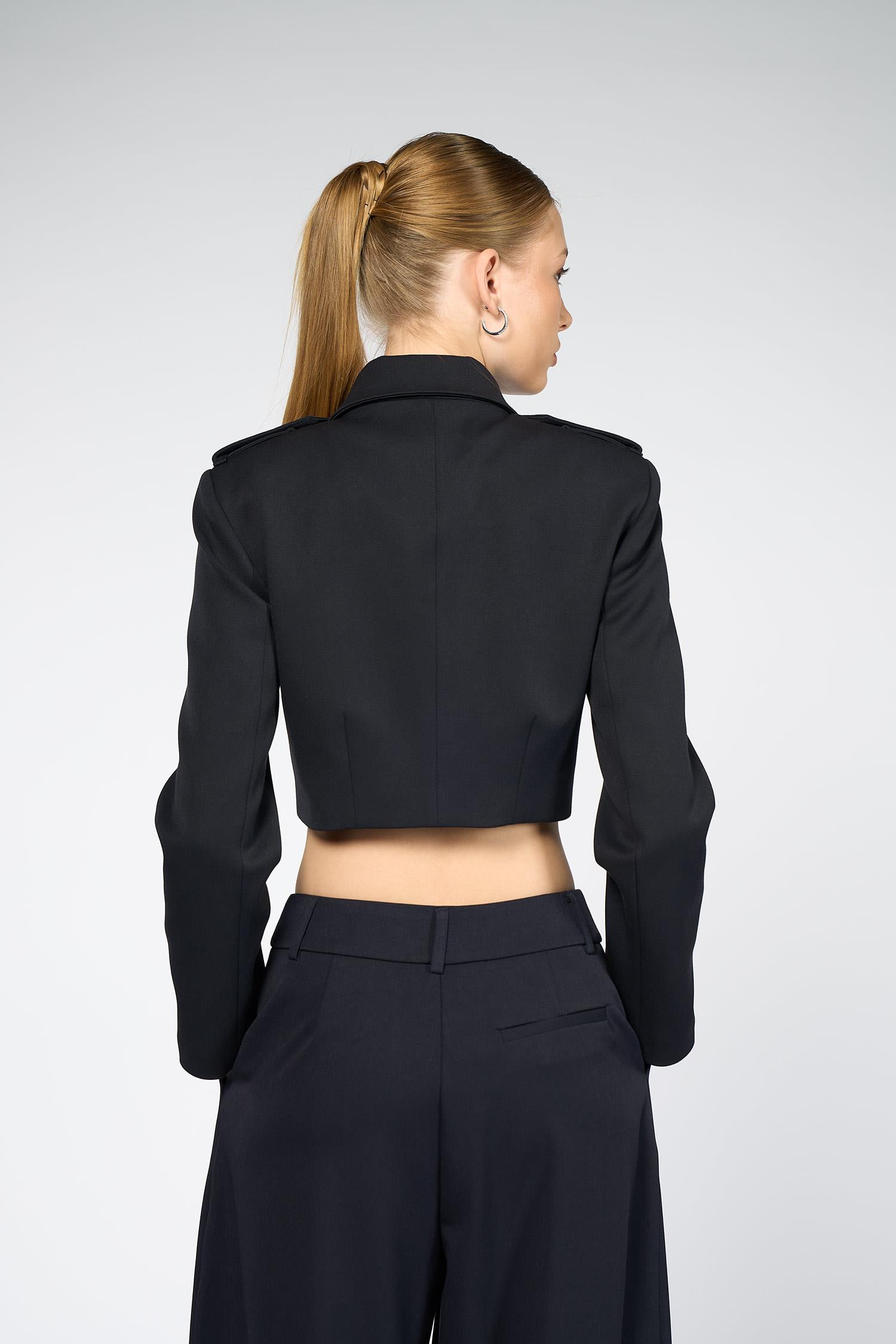 Kadın Lacivert Apolet Detaylı Crop Blazer