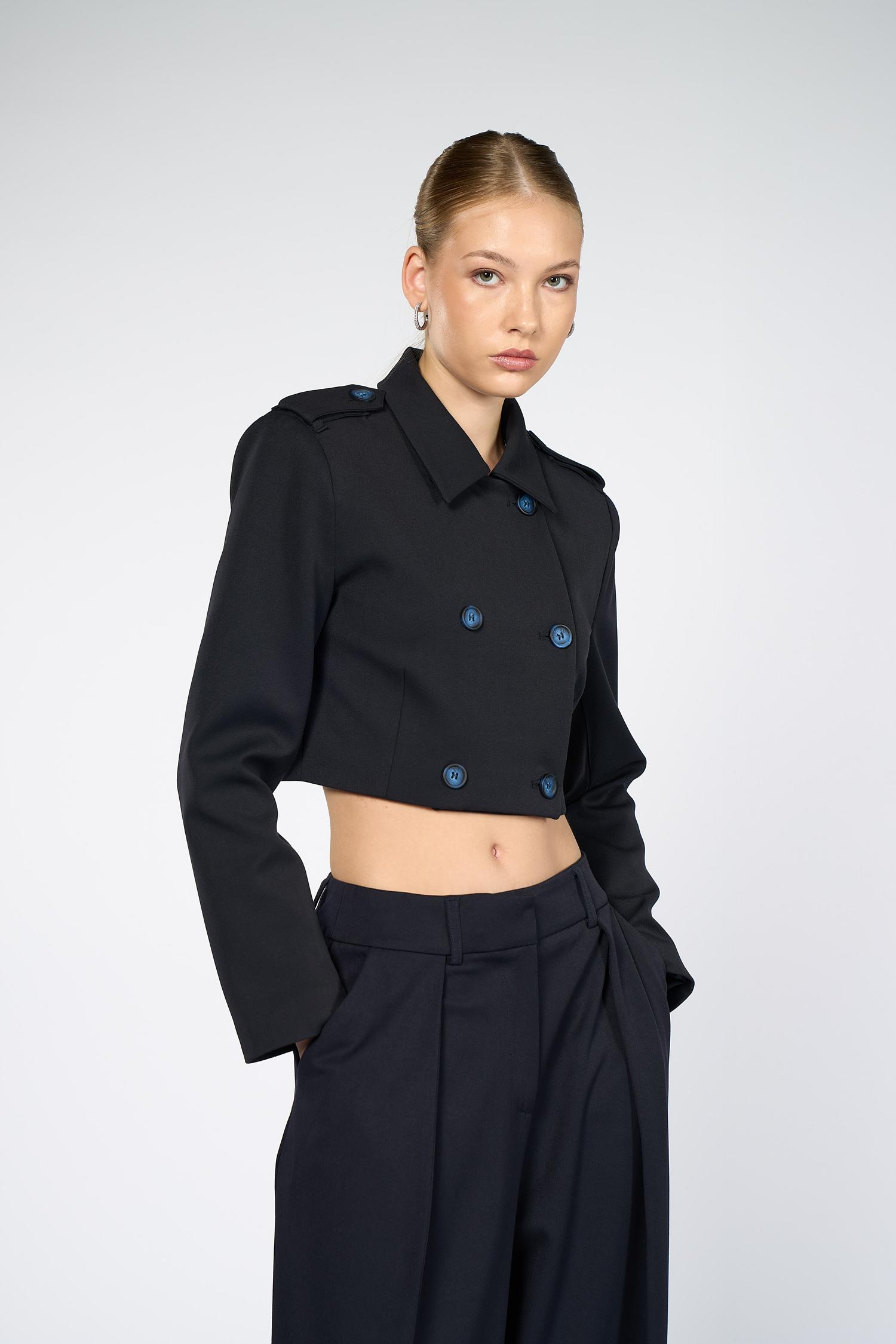 Kadın Lacivert Apolet Detaylı Crop Blazer