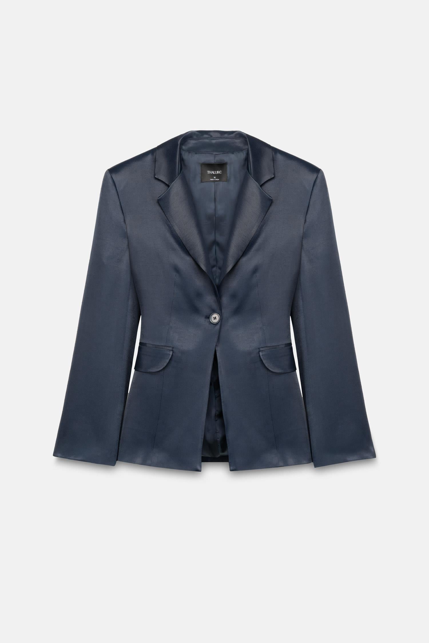 Kadın Lacivert Bele Oturan Saten Blazer