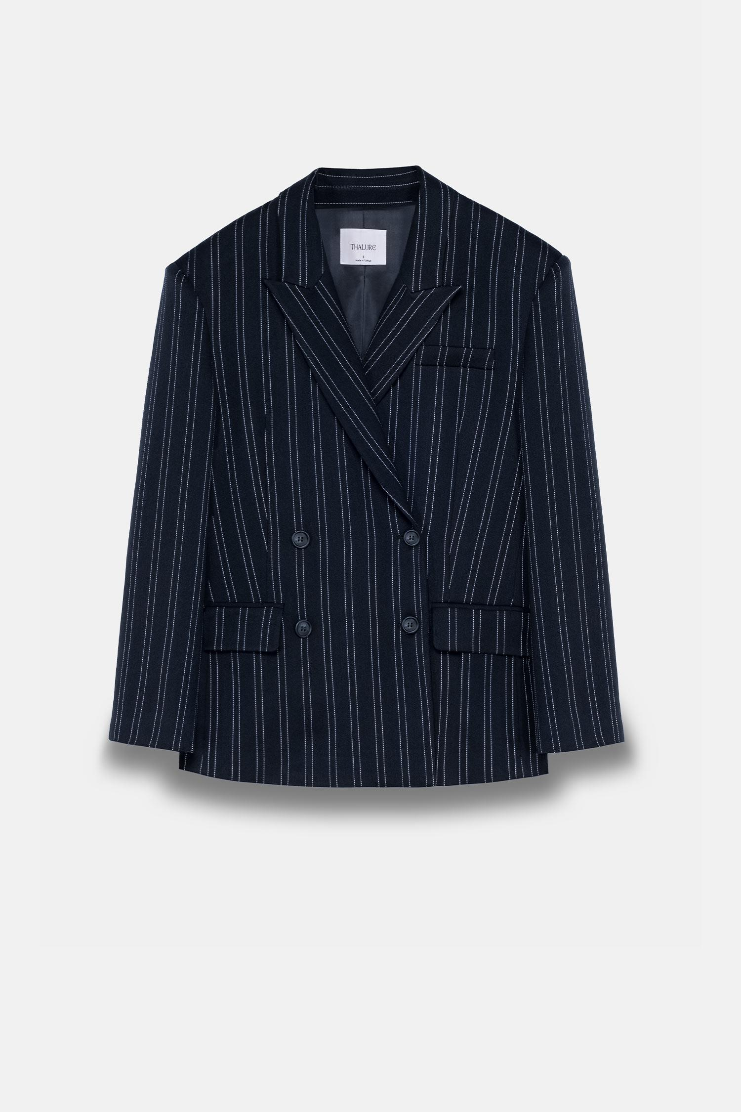 Kadın Lacivert Çizgili Oversize Blazer
