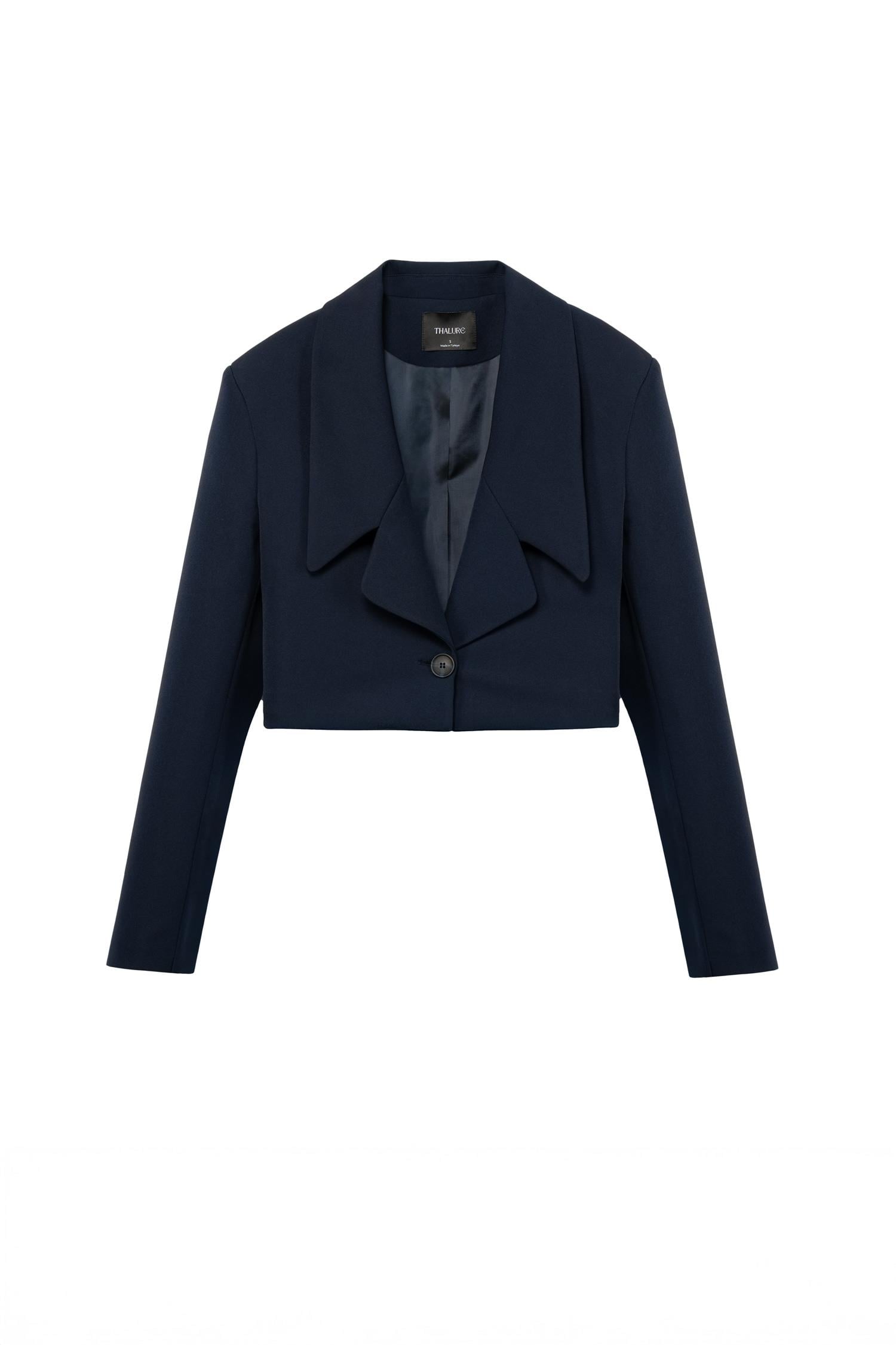 Kadın Lacivert Geniş Yaka Crop Blazer