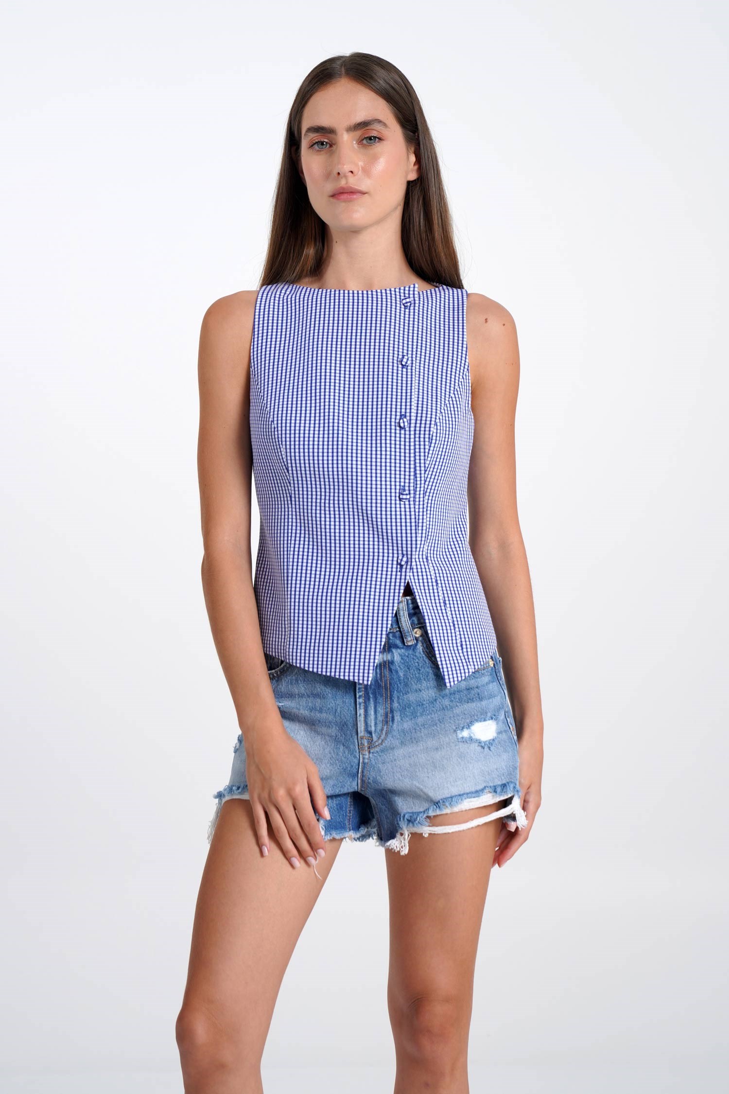 Kadın Lacivert Pötikare Kruvaze Slim Fit Yelek