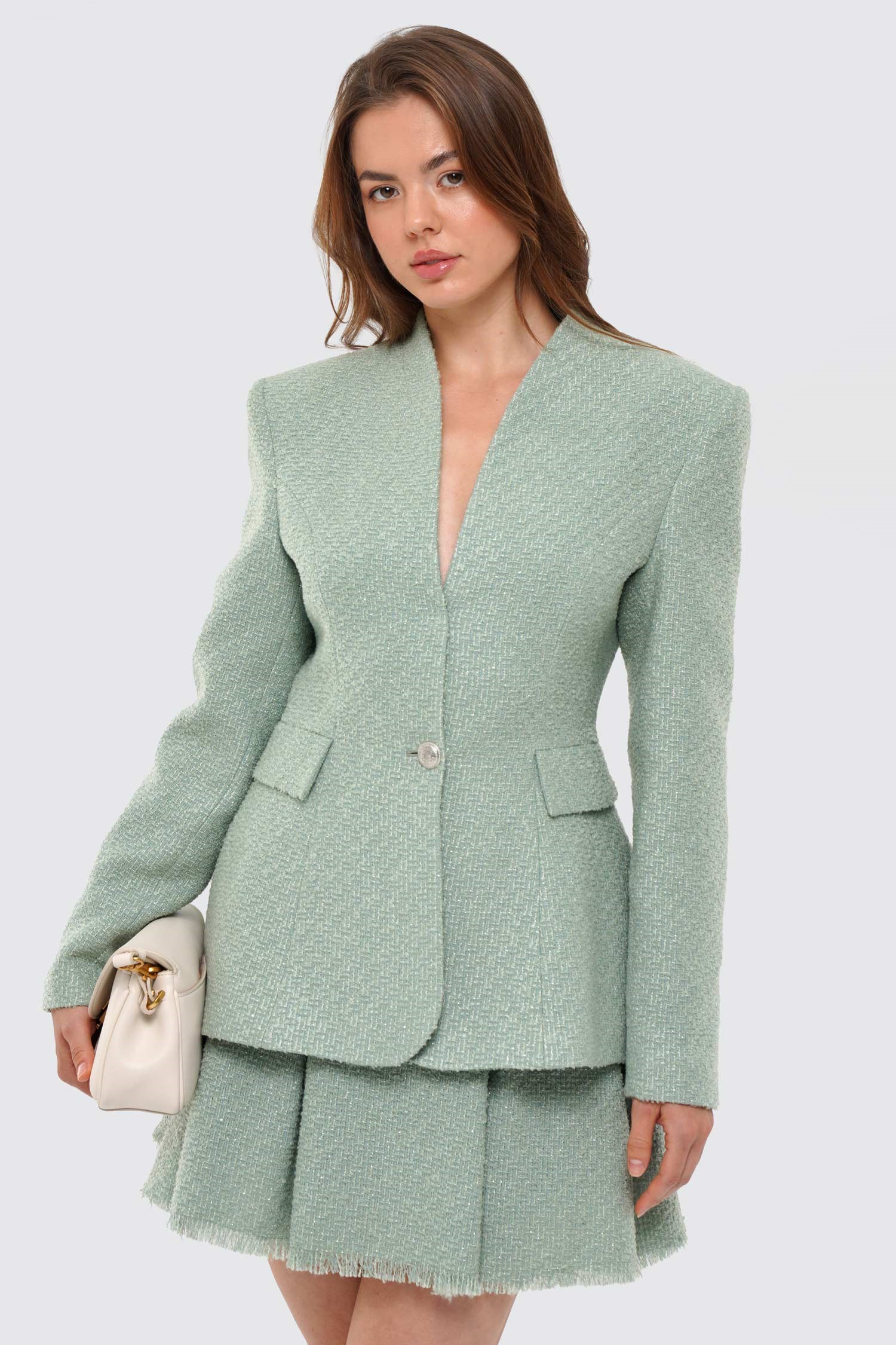 Kadın Mint Yeşili Yakasız Tüvit Blazer
