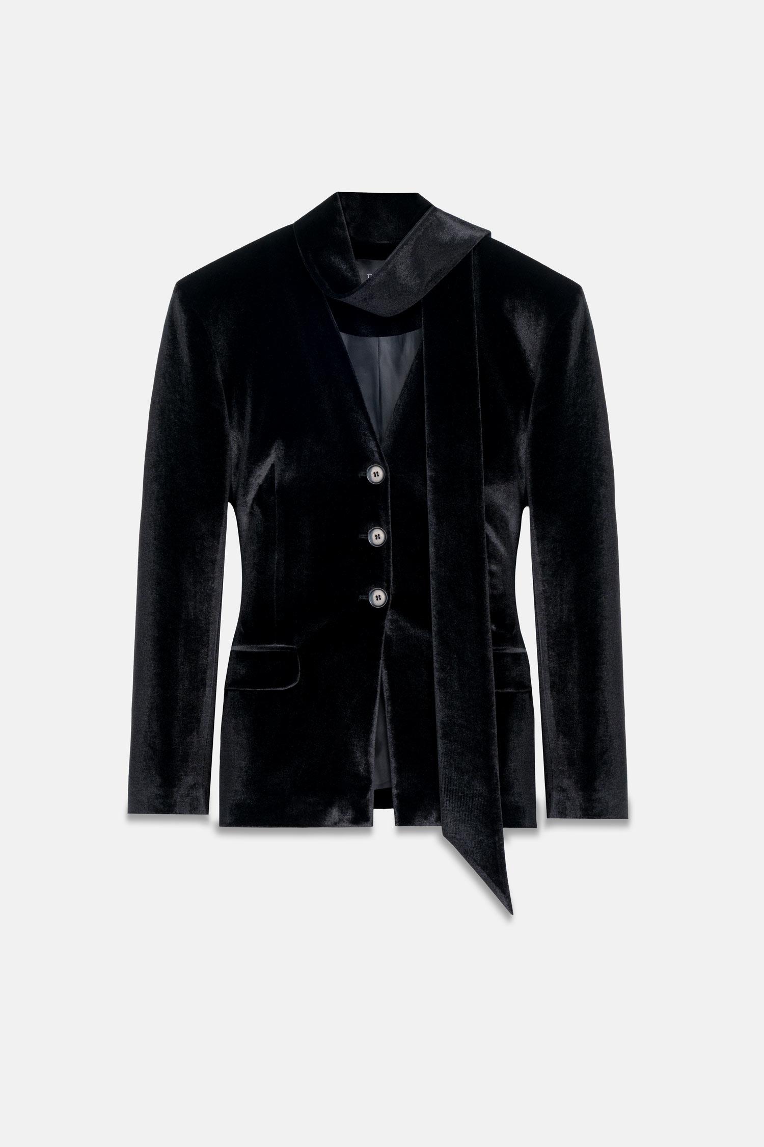 Kadın Siyah Bele Oturan Şal Detaylı Kadife Blazer