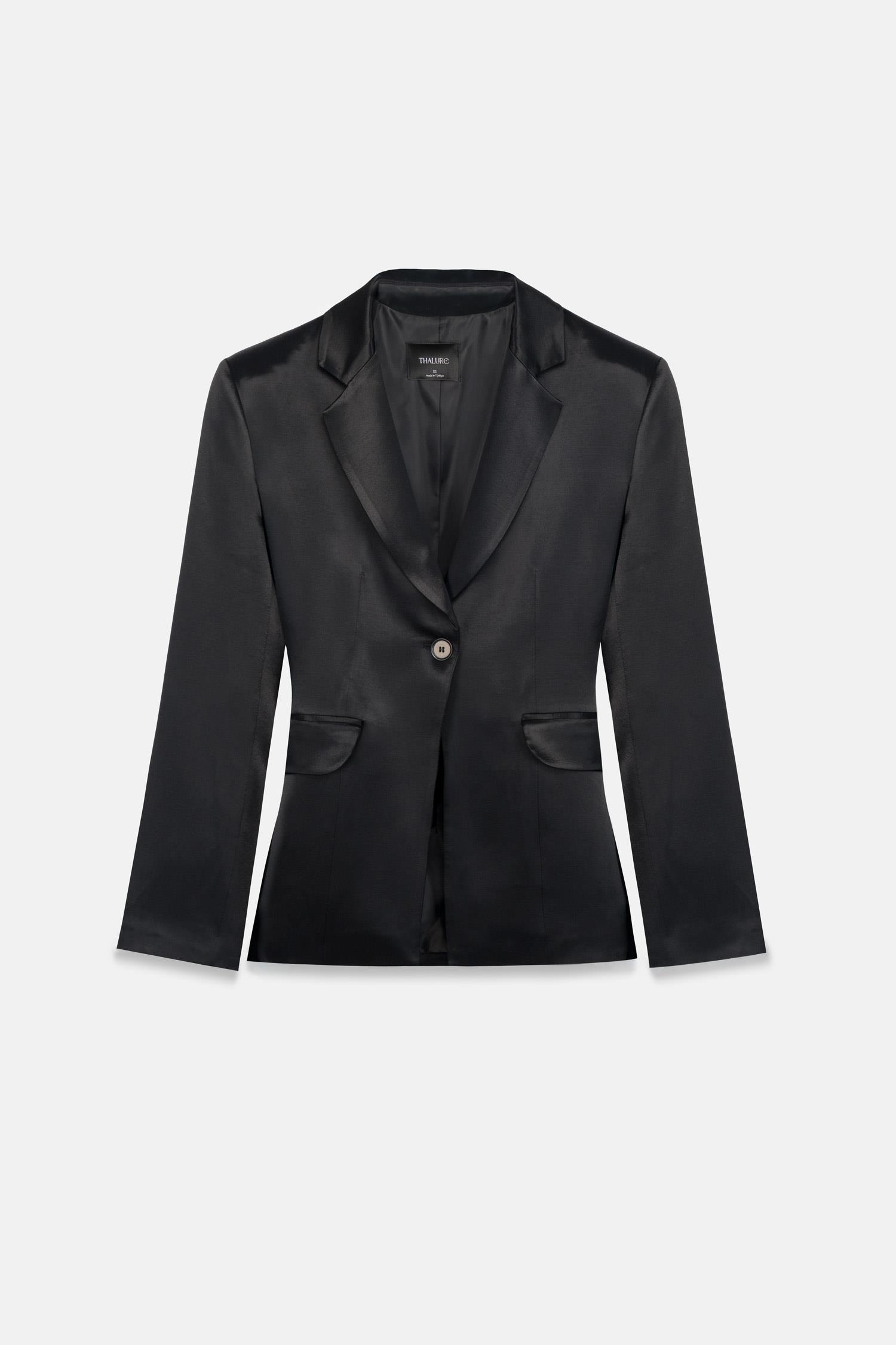 Kadın Siyah Bele Oturan Saten Blazer