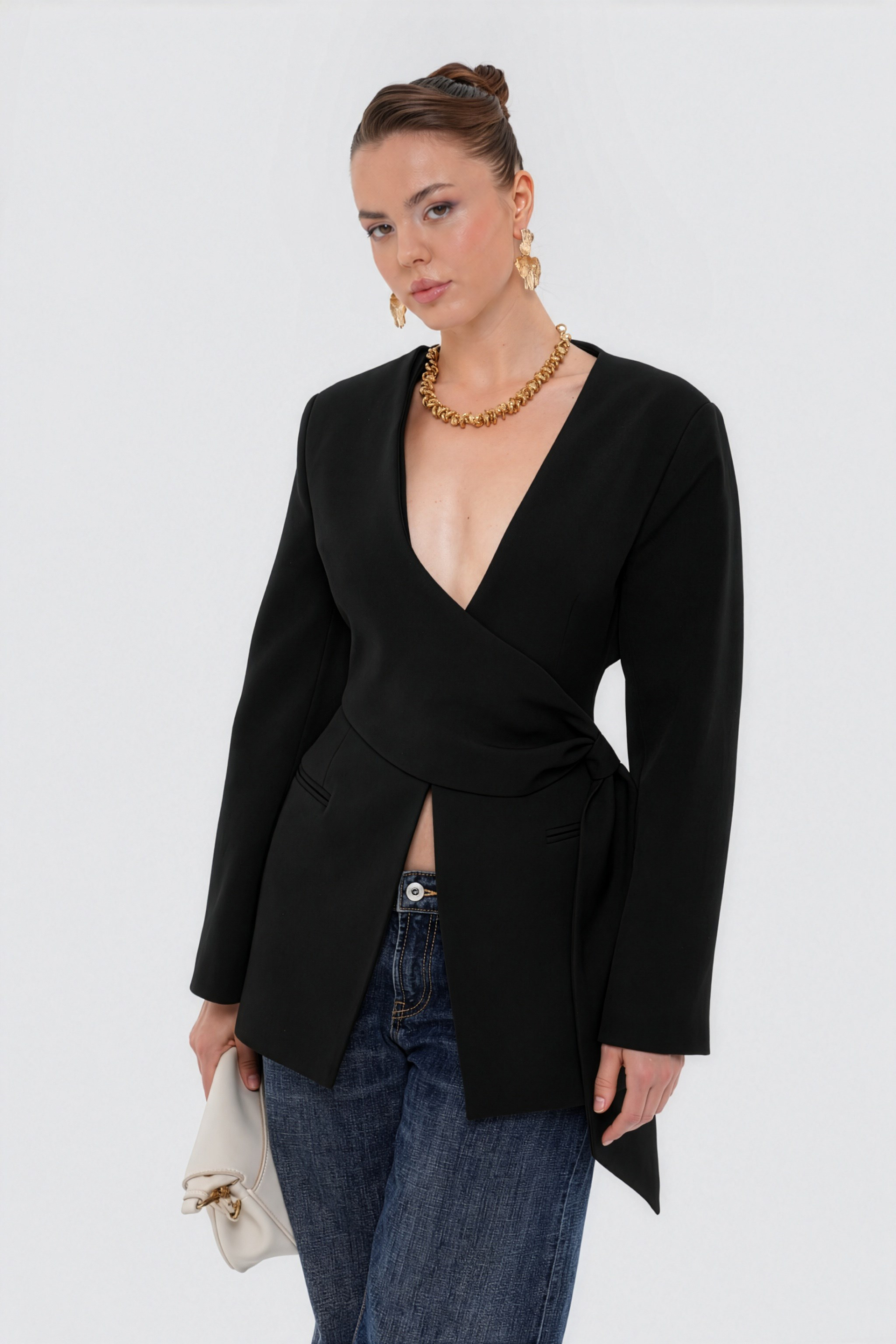 Kadın Siyah Beli Büzgülü Blazer