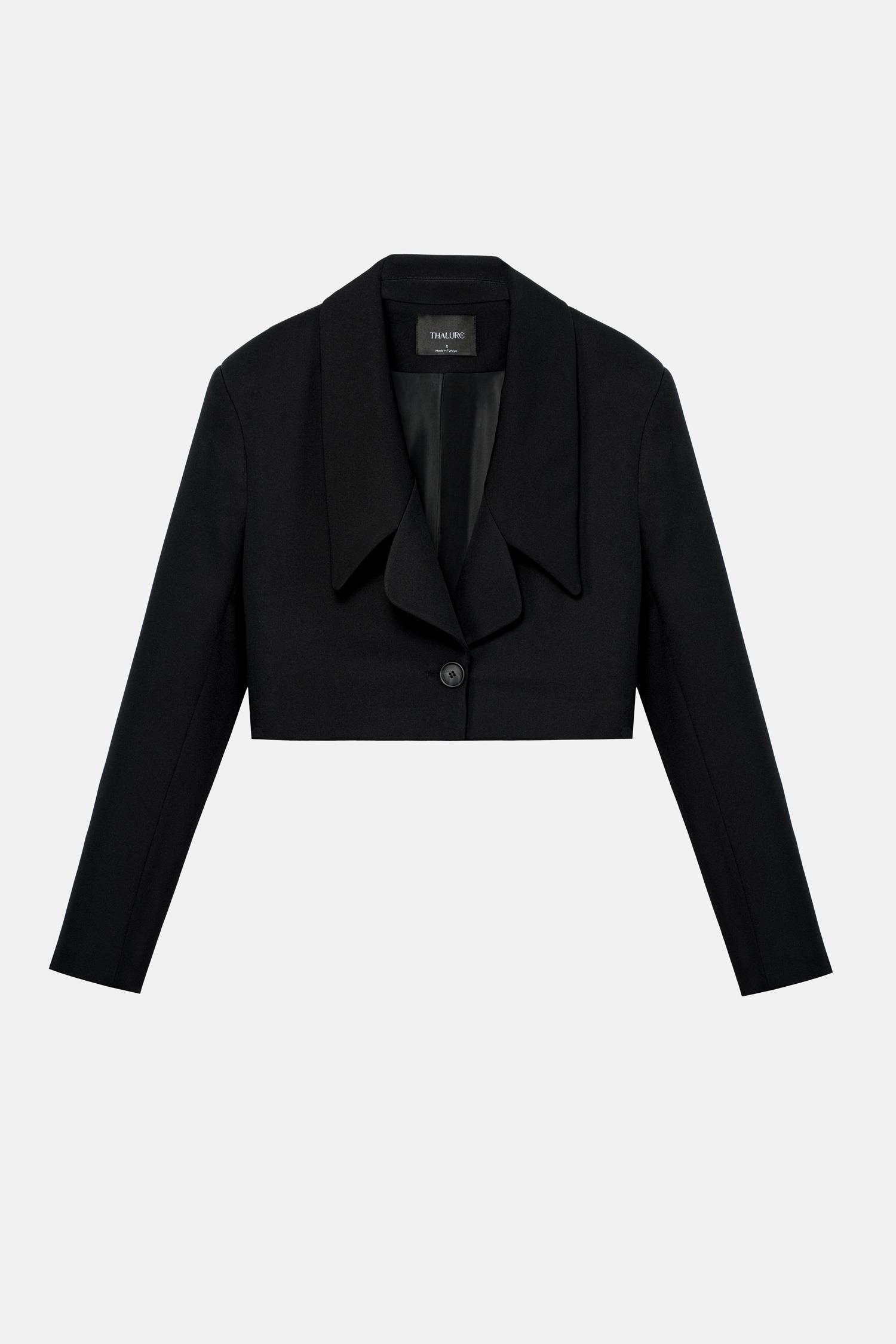 Kadın Siyah Geniş Yaka Crop Blazer
