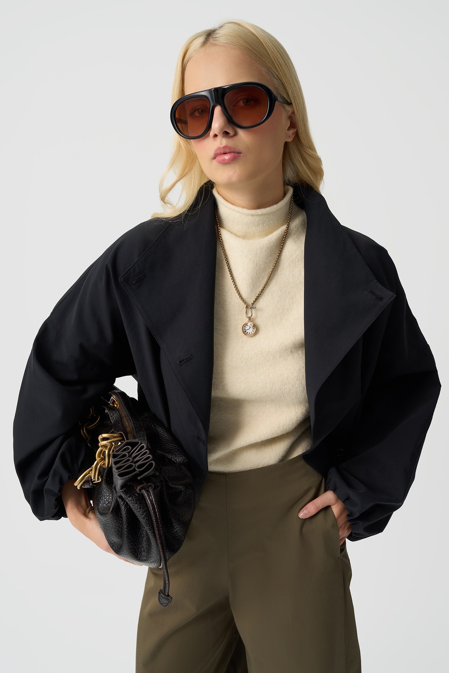 Kadın Siyah Kruvaze Oversize Bomber Ceket