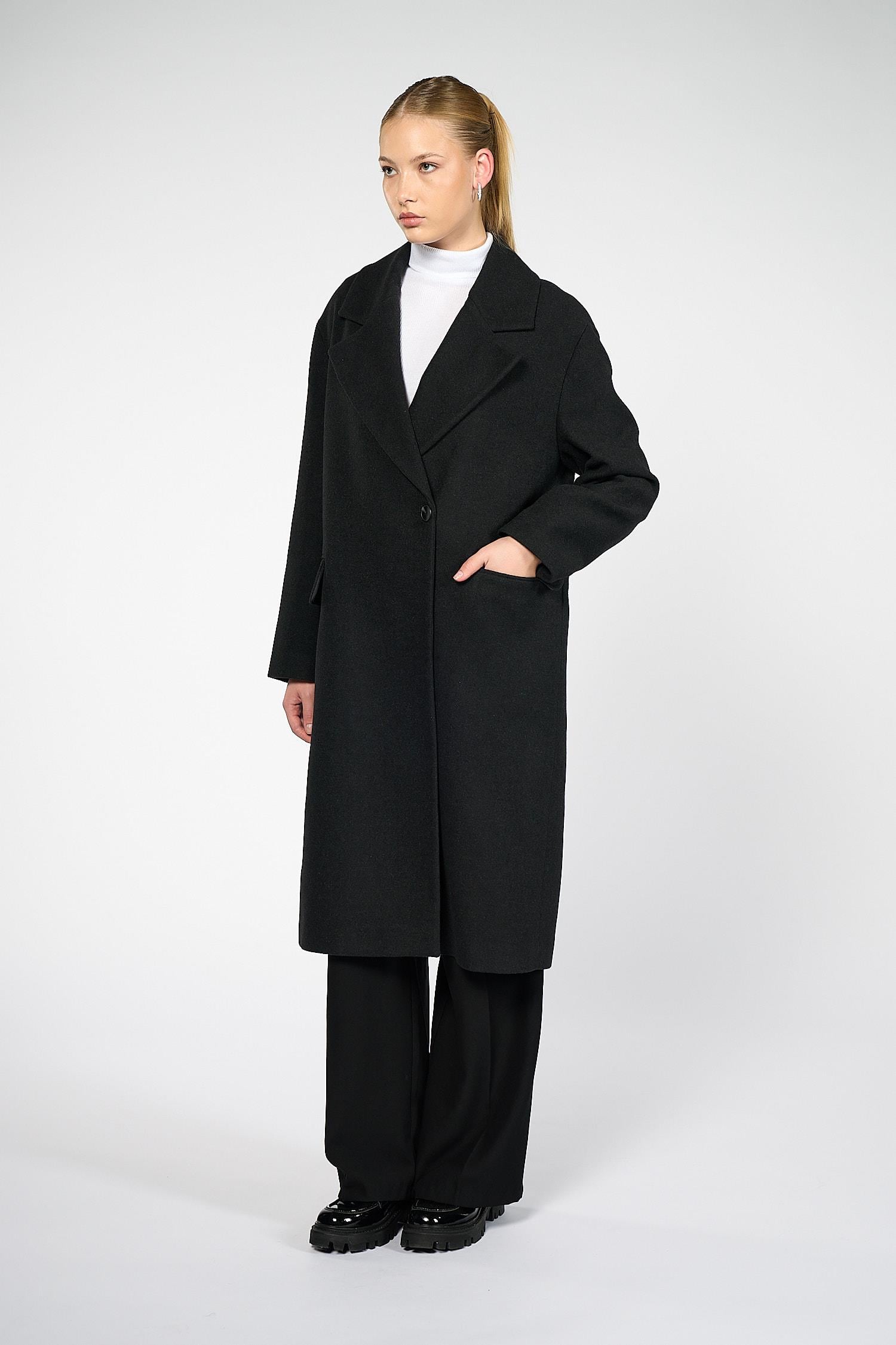 Kadın Siyah Oversize Kruvaze Kaban