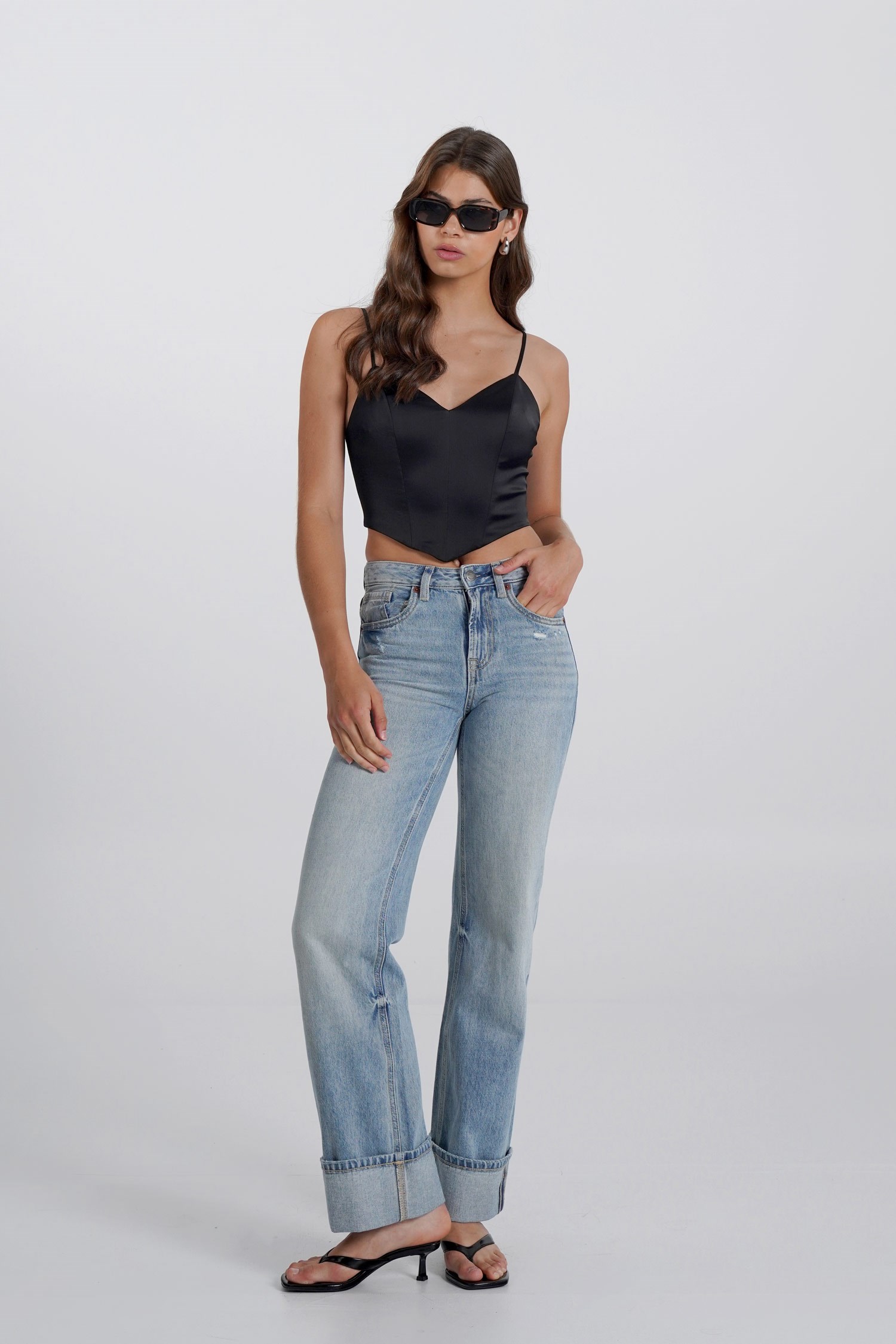 Kadın Siyah Saten Askılı Crop Büstiyer