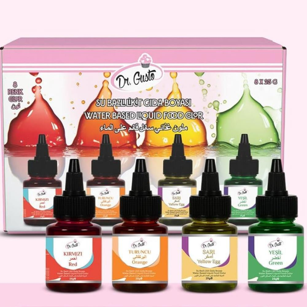 Dr. Gusto 8li Likit Su Bazlı Gıda Boyası Seti 25 gr - Kırmızı Turuncu Sarı Yeşil Pembe Mavi Siyah Mor