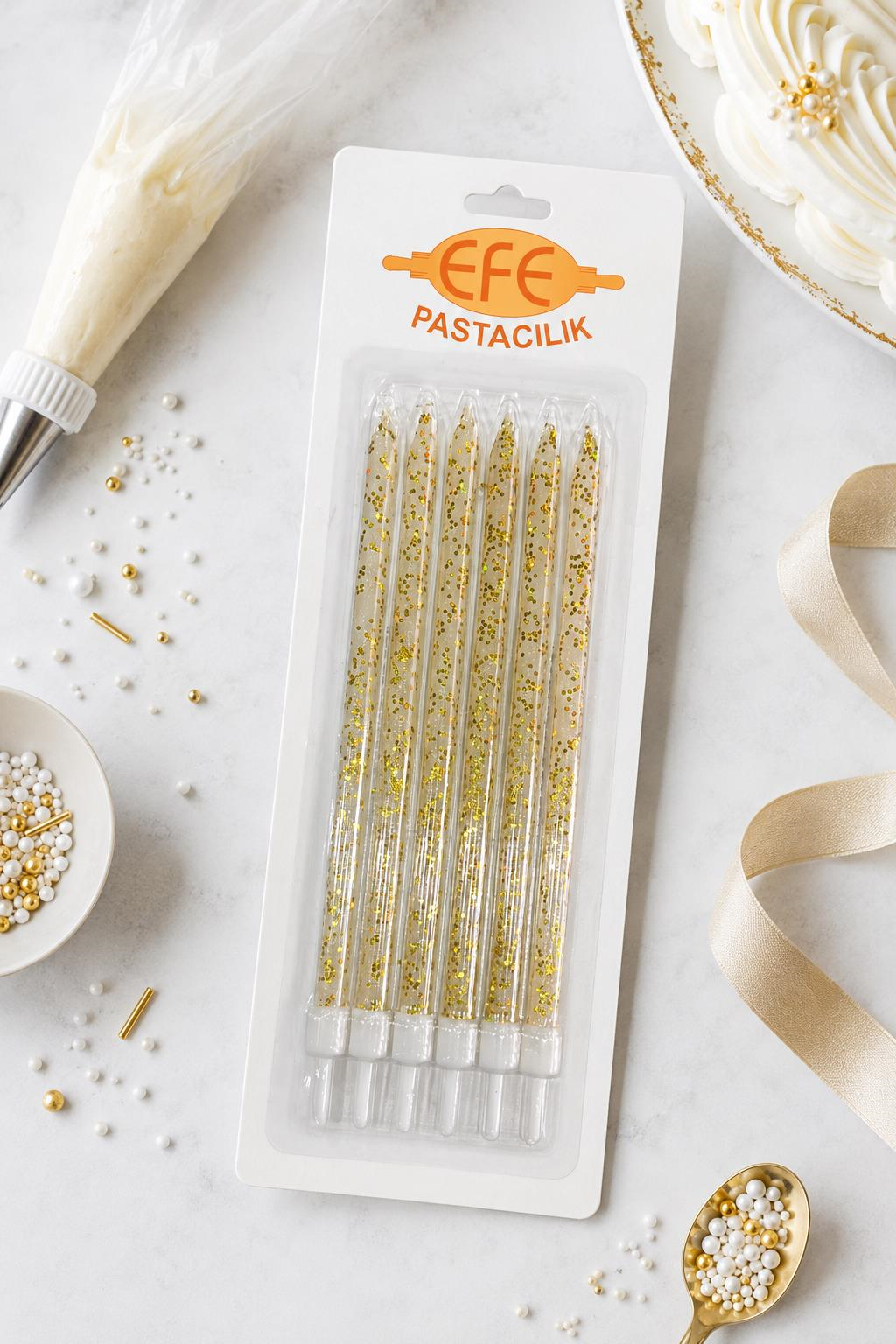 Beyaz Gold Simli Uzun Pasta Mumu 17 Cm