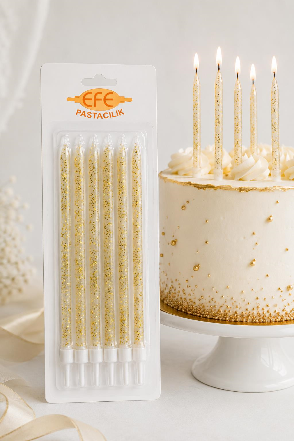 Beyaz Gold Simli Uzun Pasta Mumu 17 Cm