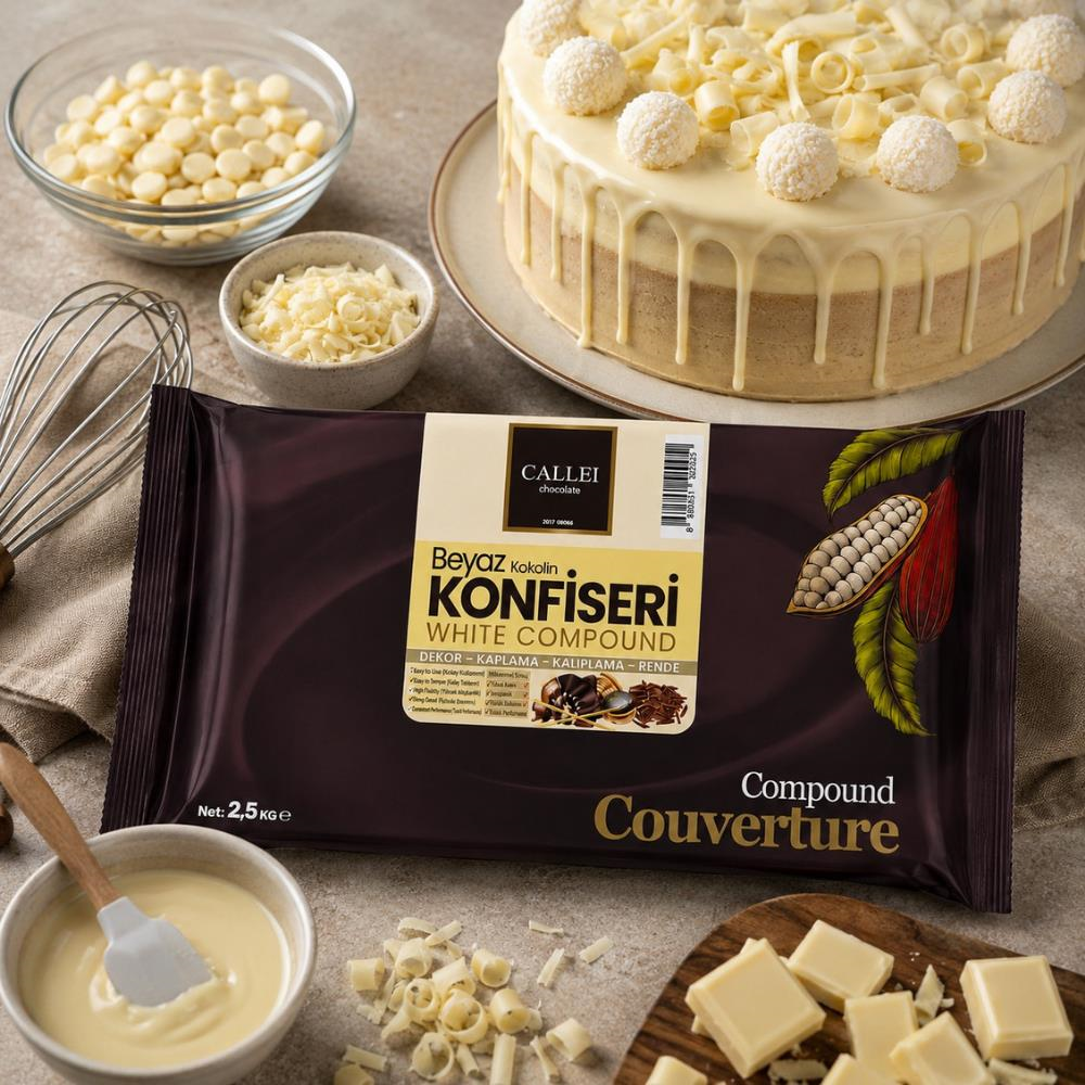 Callei Chocolate Beyaz Konfiseri Kokolin Blok 2,5 kg - Pasta, Tatlı ve Dekor Kaplamaları için Yoğun Beyaz Kokolin