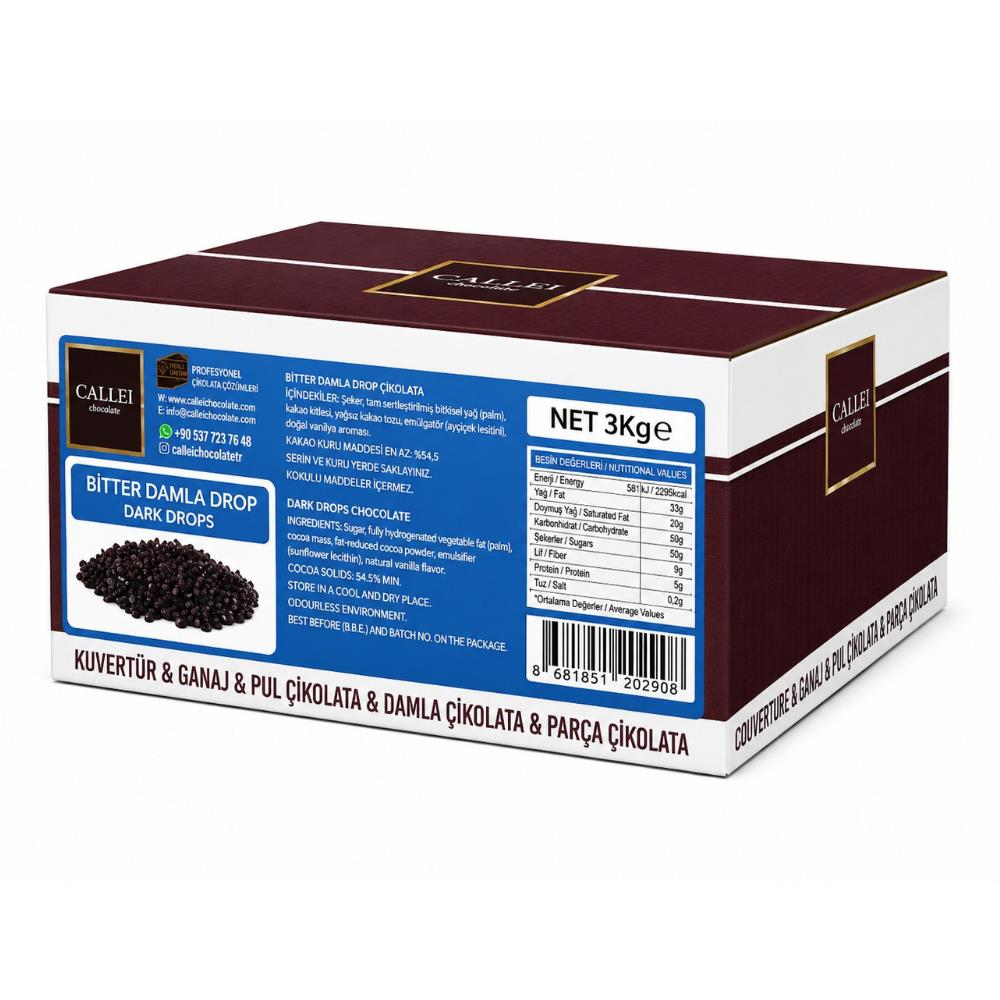 Callei Chocolate Bitter Damla Çikolata 3 kg - Pasta, Kurabiye ve Profesyonel Tatlı Tarifleri için Yoğun Bitter Çikolata