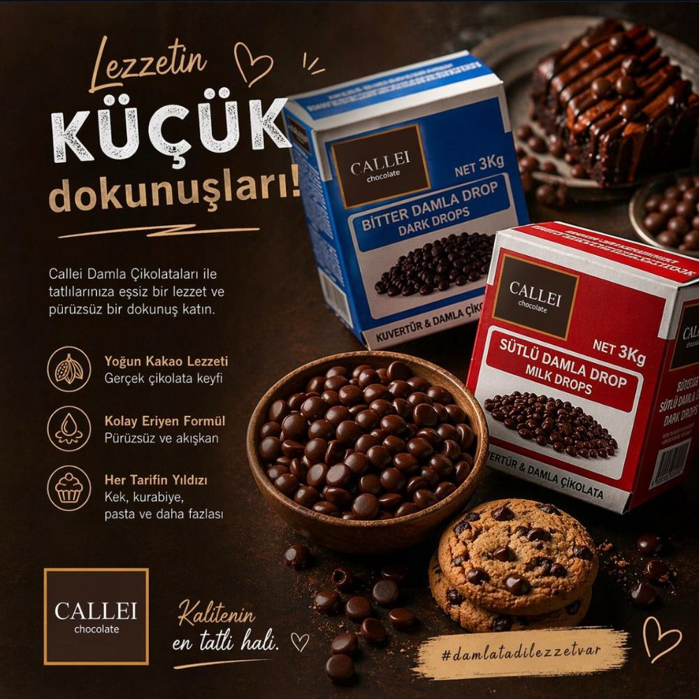Callei Chocolate Bitter Damla Çikolata 3 kg - Pasta, Kurabiye ve Profesyonel Tatlı Tarifleri için Yoğun Bitter Çikolata