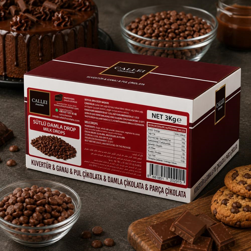 Callei Chocolate Sütlü Damla Çikolata 3 kg - Pasta, Kurabiye ve Tatlı Tarifleri için Profesyonel Sütlü Çikolata