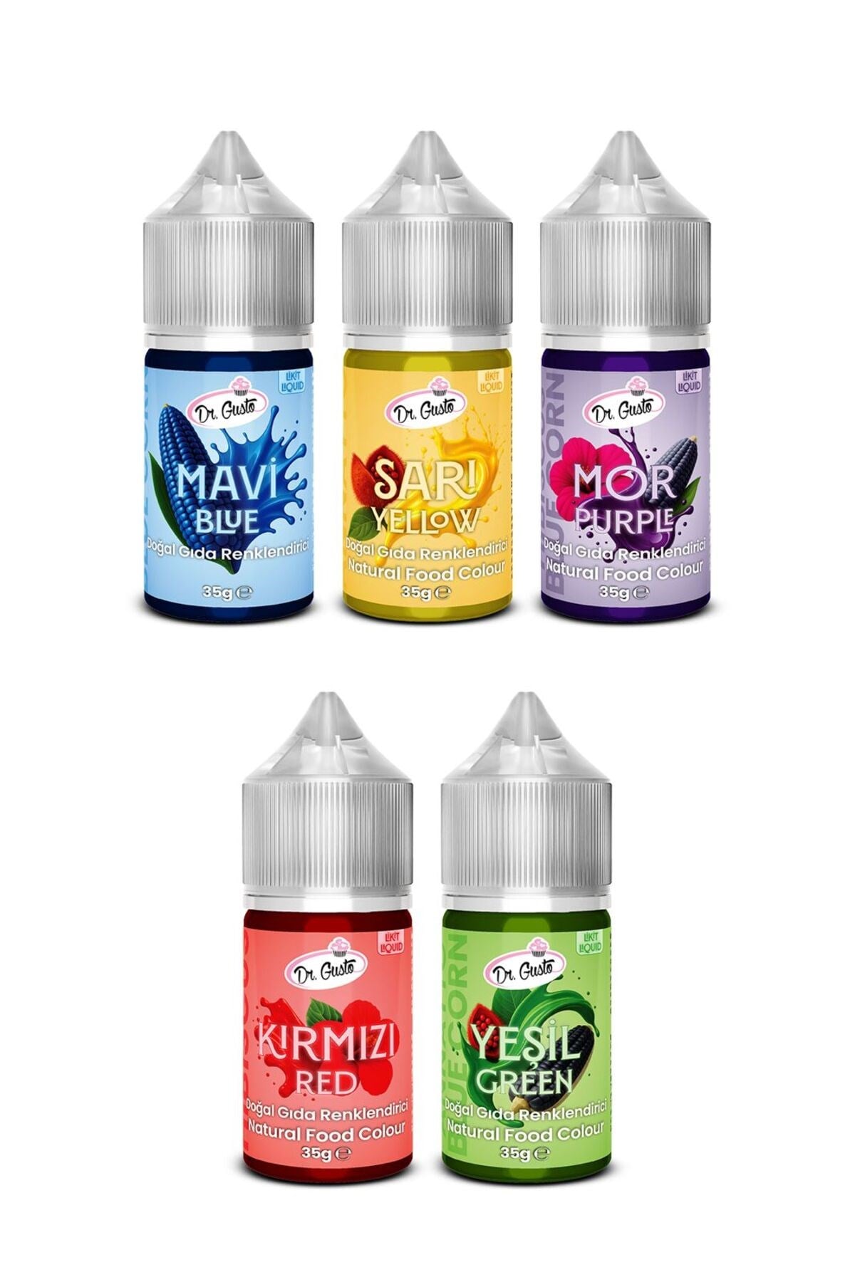 Doğal Sıvı Gıda Boyası 5x35 GR Mavi Sarı Mor Kırmızı Yeşil