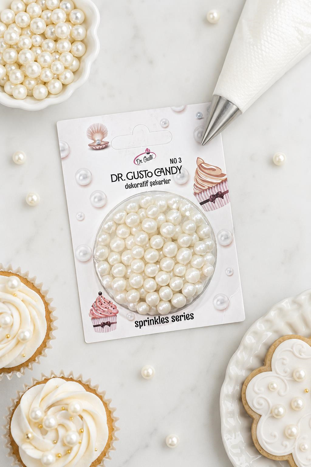 Dr. Gusto 6 mm İnci Beyazı Candy Boncuk Pasta Süsleme Şekeri