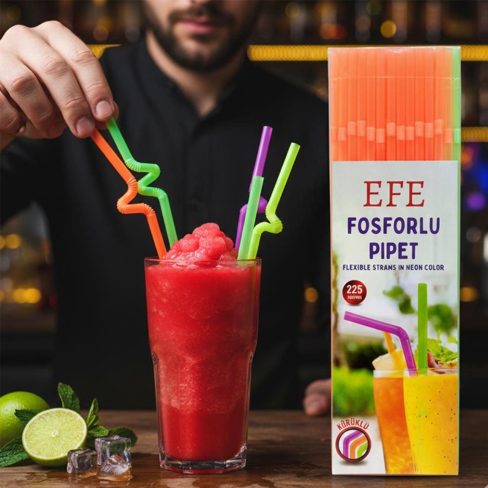 Efe Pastacılık Fosforlu Pipet 24 cm - 225li Karışık Renk | Kafe Tipi Renkli Uzun Pipet