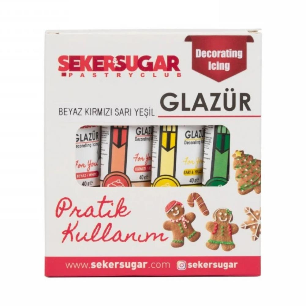 Şeker & Sugar Glazür 4lü Süsleme Seti 40 gr - Beyaz, Kırmızı, Sarı, Yeşil | Pasta ve Kurabiye Dekoru
