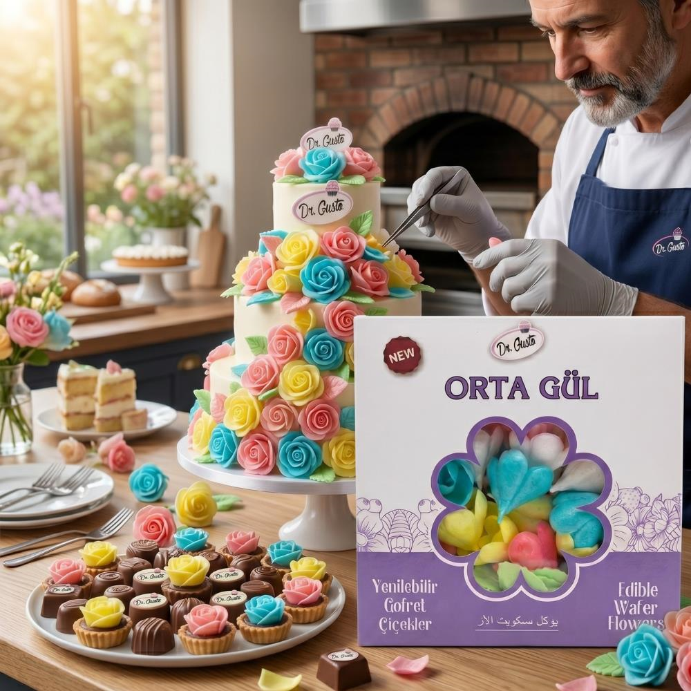 Dr. Gusto Gofret Gül Orta Boy 50 adet (100 Yaprak) - Yenilebilir Pasta Süsleme Gülü