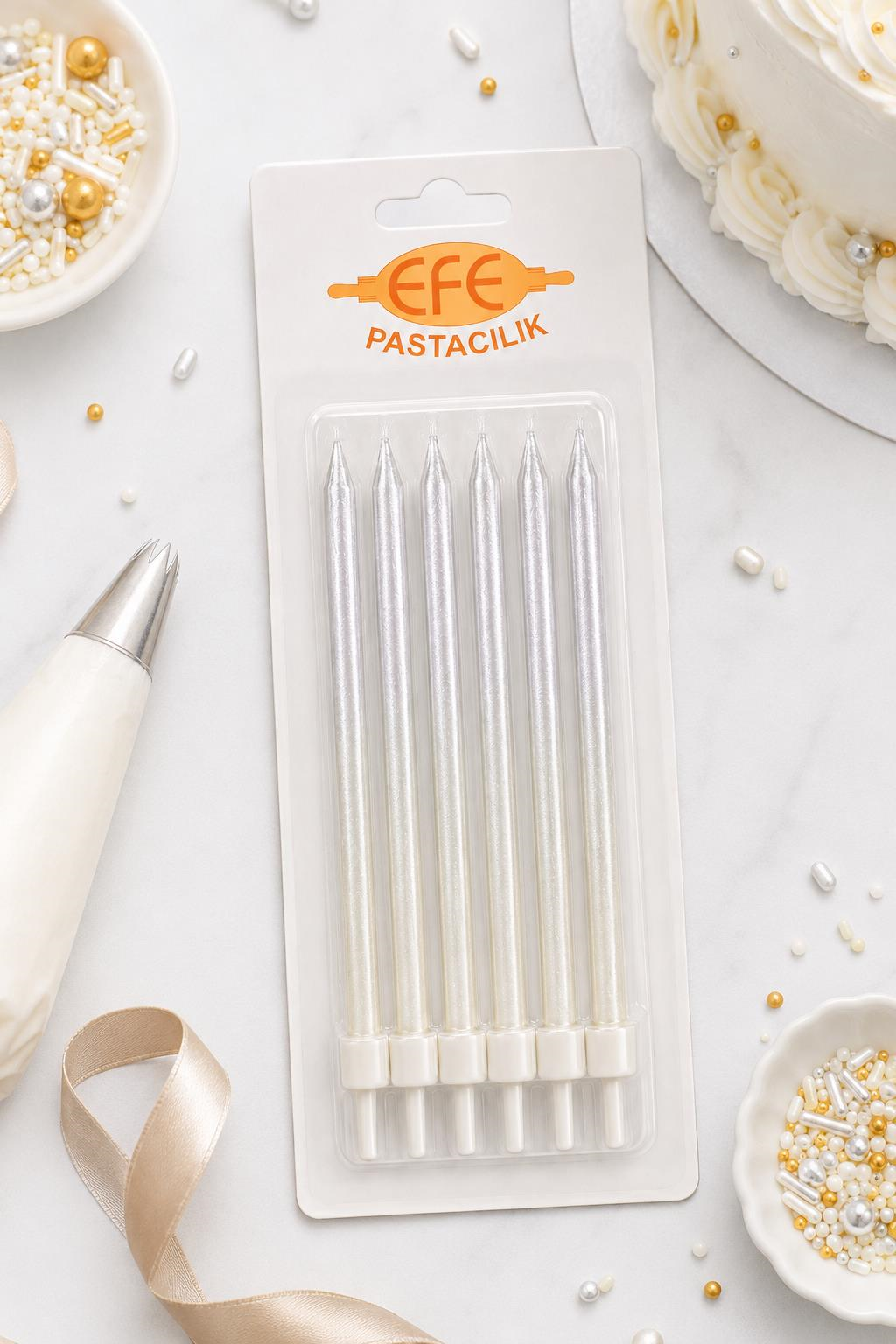 Gümüş Beyaz Uzun Pasta Mumu 17 Cm