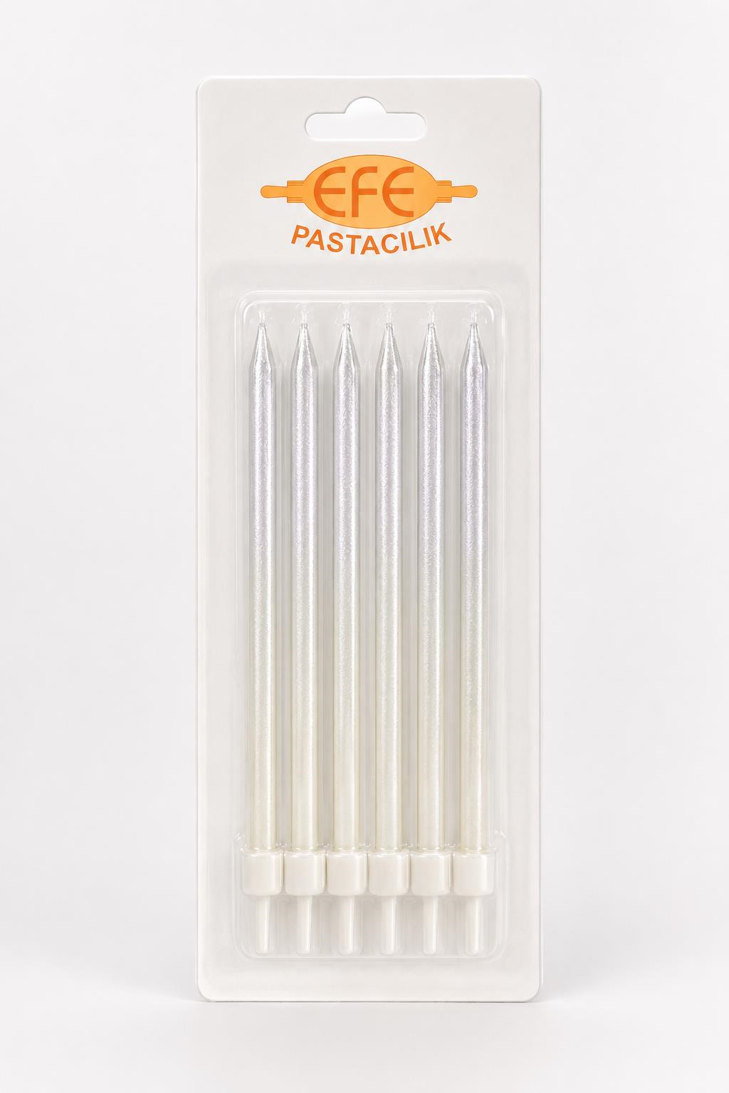 Gümüş Beyaz Uzun Pasta Mumu 17 Cm