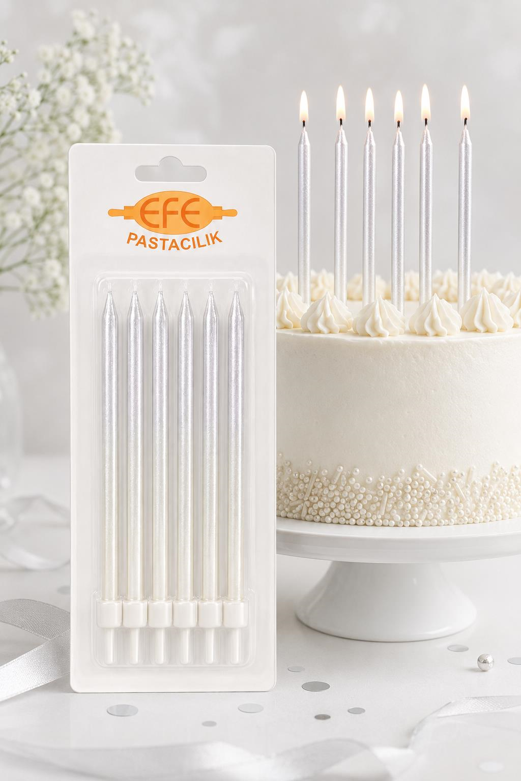 Gümüş Beyaz Uzun Pasta Mumu 17 Cm