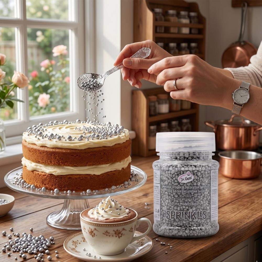Dr. Gusto Gümüş Sanding Şeker 50 gr - Pasta, Kurabiye ve Cupcake için Parlak Dekor Şekeri